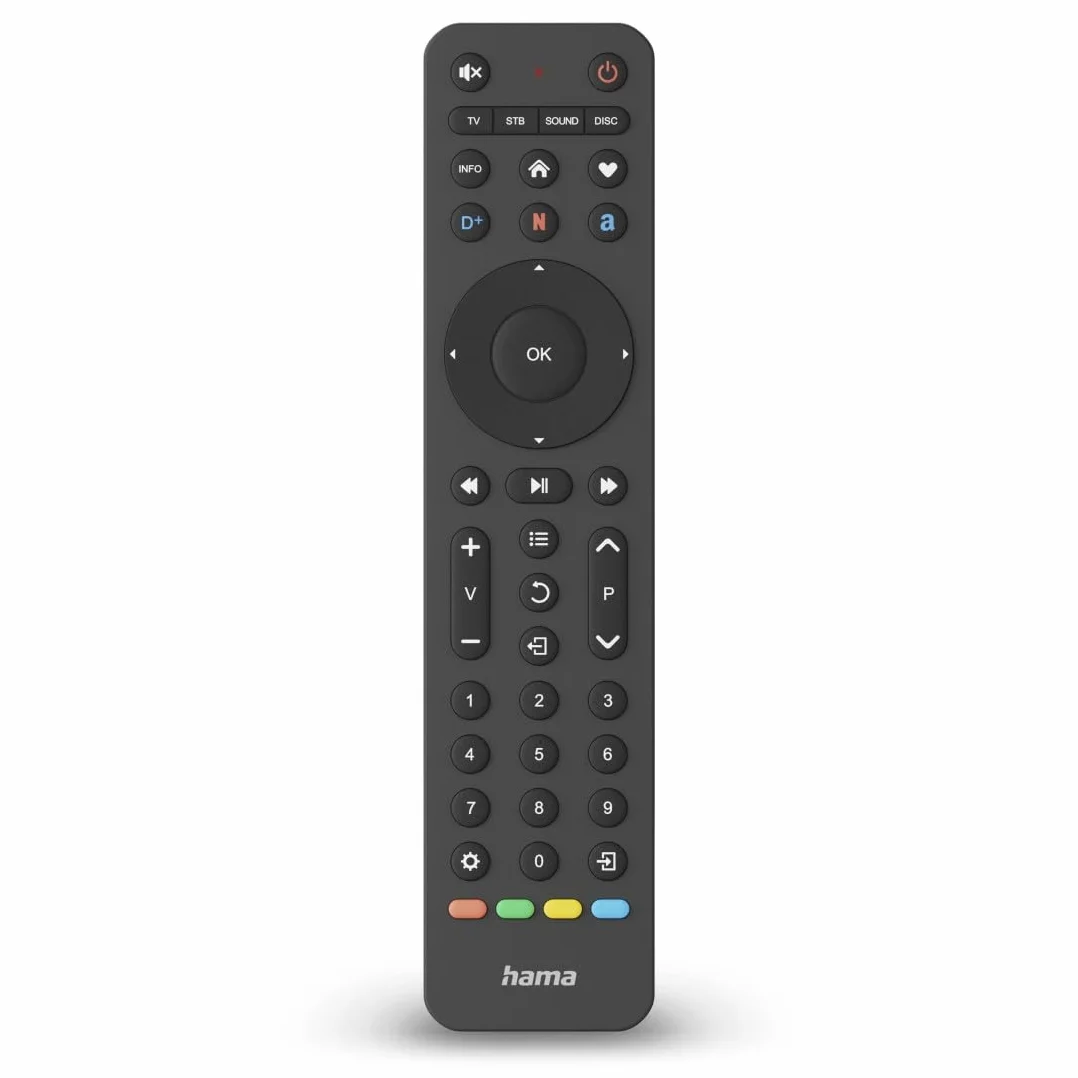 Hama uniwersalny pilot 4w1 Netflix (Do TV, soundbara, odtwarzaczacza Blu-Ray, do maks. czterech urządzeń, tryb uczenia się, przycisk Netflix, Prime Video, Disney+, w zestawie 2x bateria AAA)