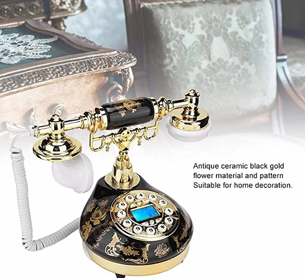 Vintage Retro Telefon Ceramiczny, Czarny i Złoty Kwiatowy Design Antyczna Dekoracja Domu Telefon Biurowy