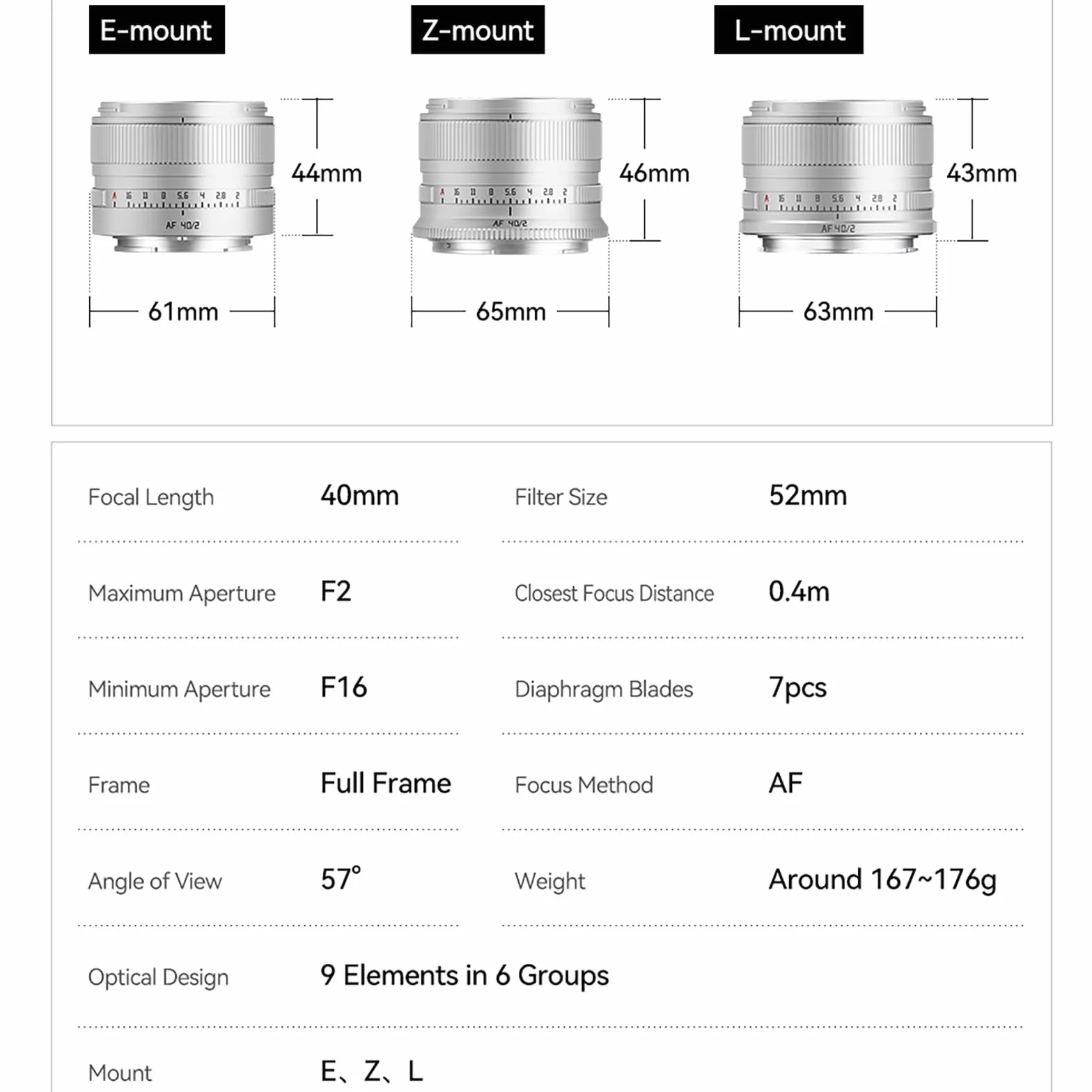 TTARTISAN AF 40 mm f/2 srebrny do E-Mount, pełny format 40 mm f2 Prime obiektywy do FE-Mount (E, srebrny)