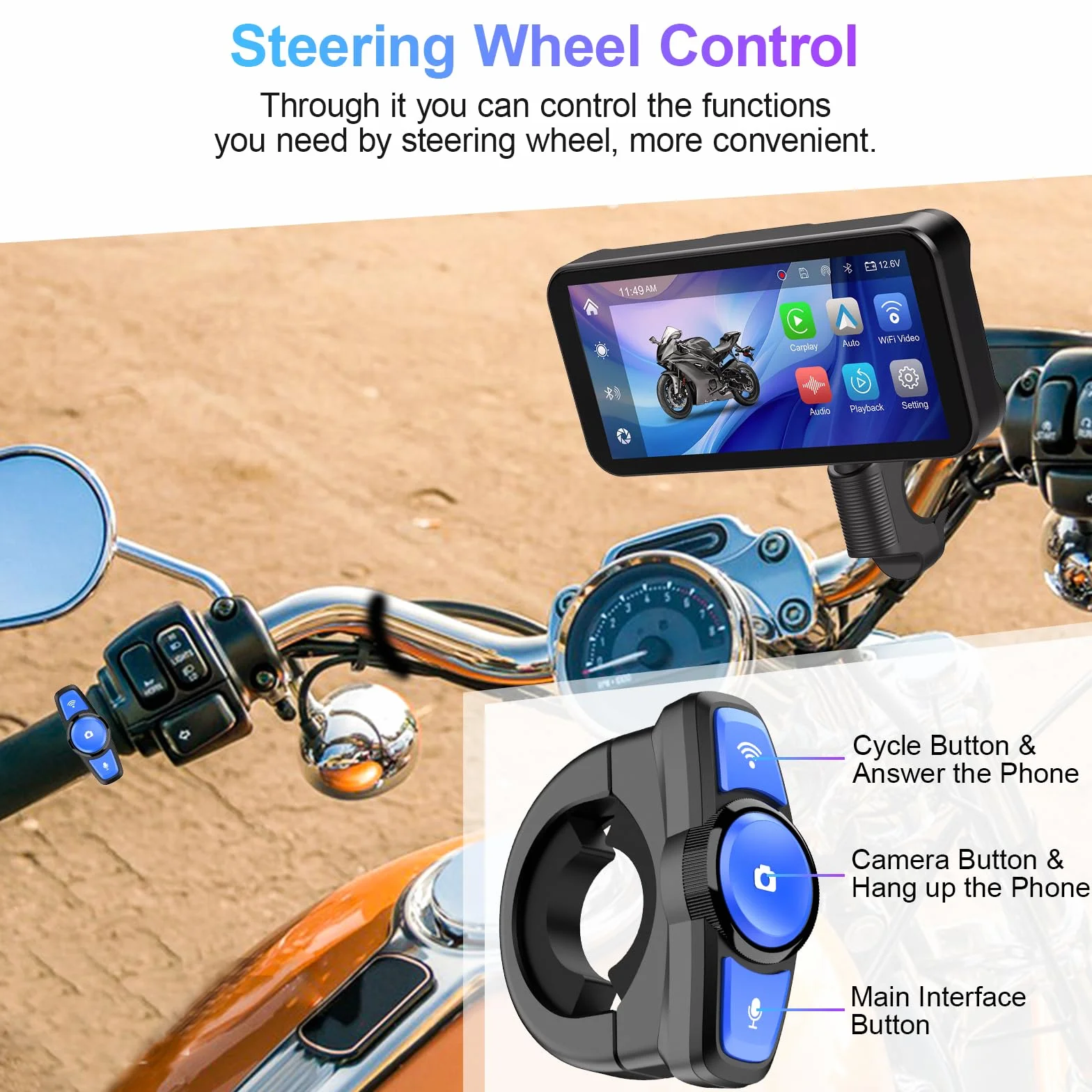Przenośny rejestrator motocyklowy, 15.9 cm bezprzewodowy ekran dotykowy CarPlay i Android Auto z kamerą samochodową 1080P HD z przodu i z tyłu, podwójny Bluetooth, karta TF 128 GB