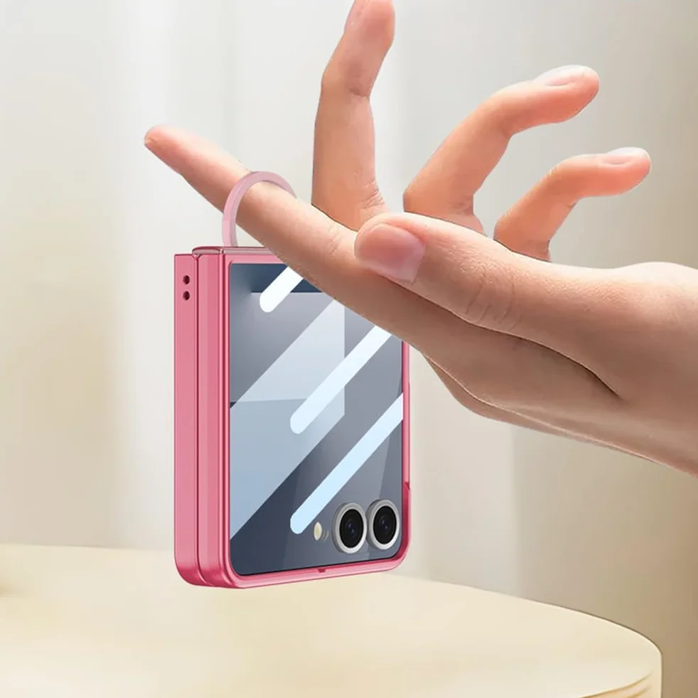 Etui do Samsung Galaxy Z Flip 7, osłona ekranu ze szkła hartowanego, etui na telefon z uchwytem pierścieniowym, stojak, smukłe twarde tworzywo PC, odporne na wstrząsy, niebieskie