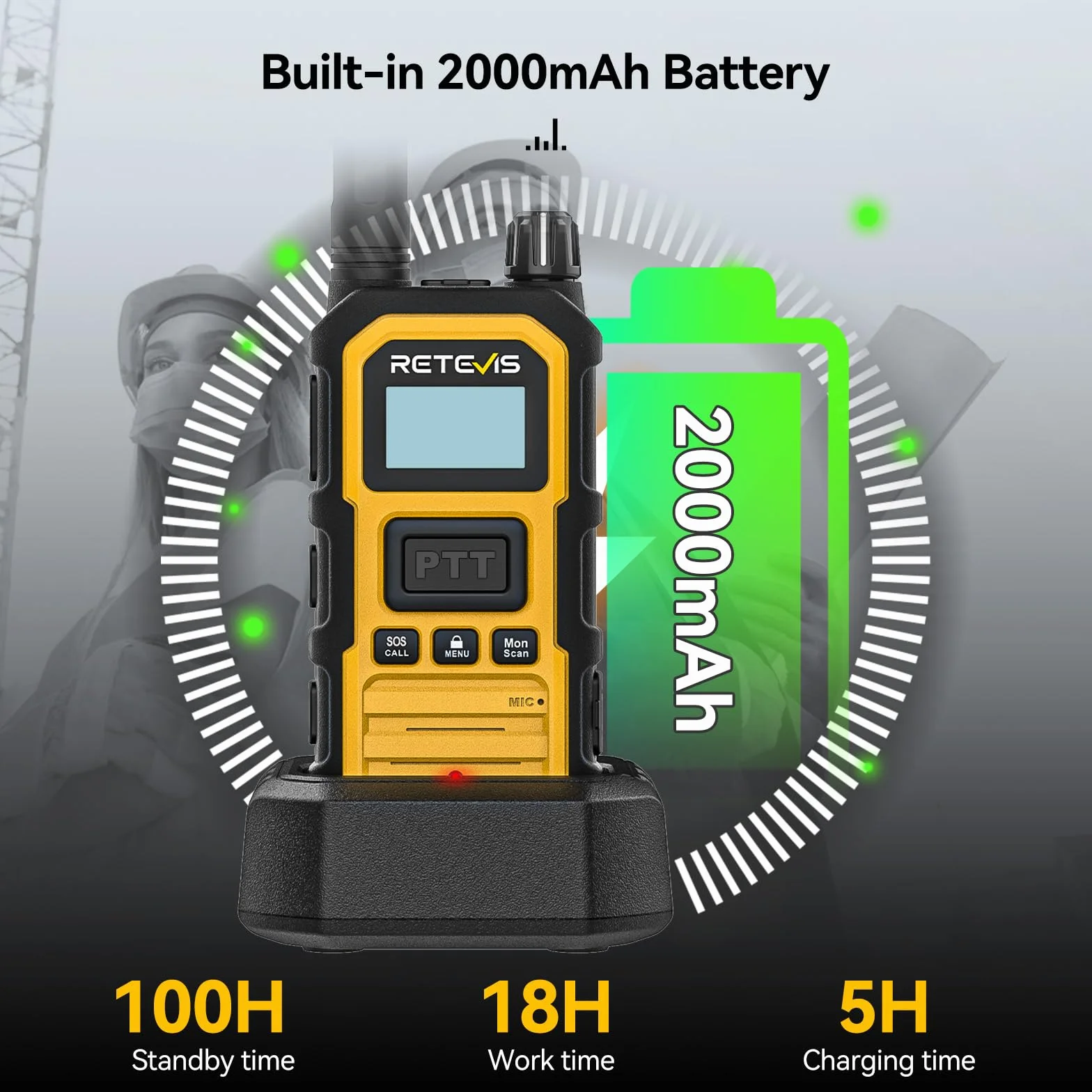 Retevis RB648 Plus Wodoodporne Walkie Talkie IP67, Radiotelefony Dwukierunkowe Dalekiego Zasięgu, Połączenie Grupowe, 2000 mAh Typ-C, Akumulatorowe Radio Dwukierunkowe do Budowy Fabryk (6 Szt. Żółty)