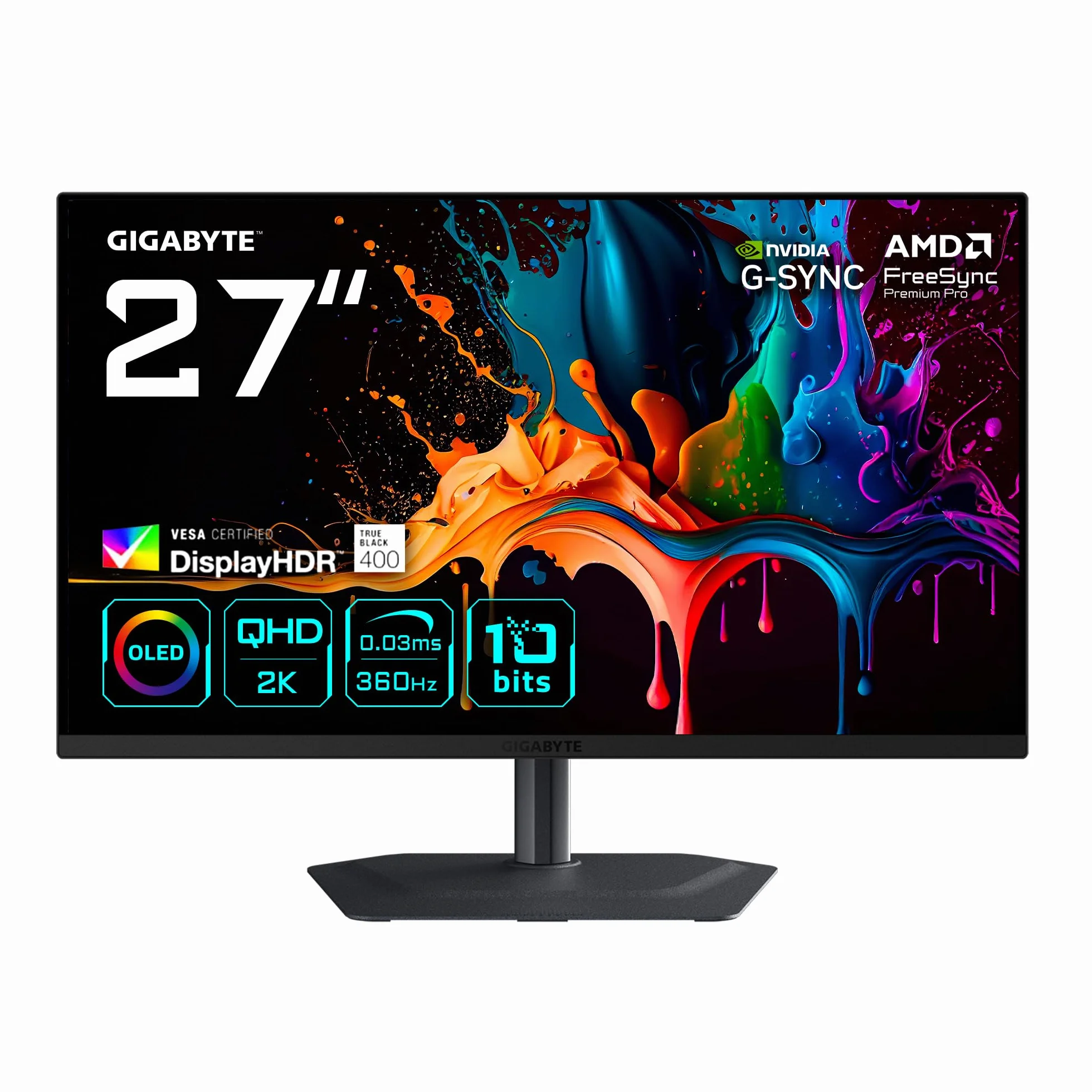 GIGABYTE MO27Q3 27" QHD OLED Gaming Monitor - 2560 x 1440, 360Hz, 0,03ms, 250 CD/m², kompatybilny G-Sync, FreeSync Premium Pro, Display HDR True Black 400, HDMI 2.1, DisplayPort 1.4