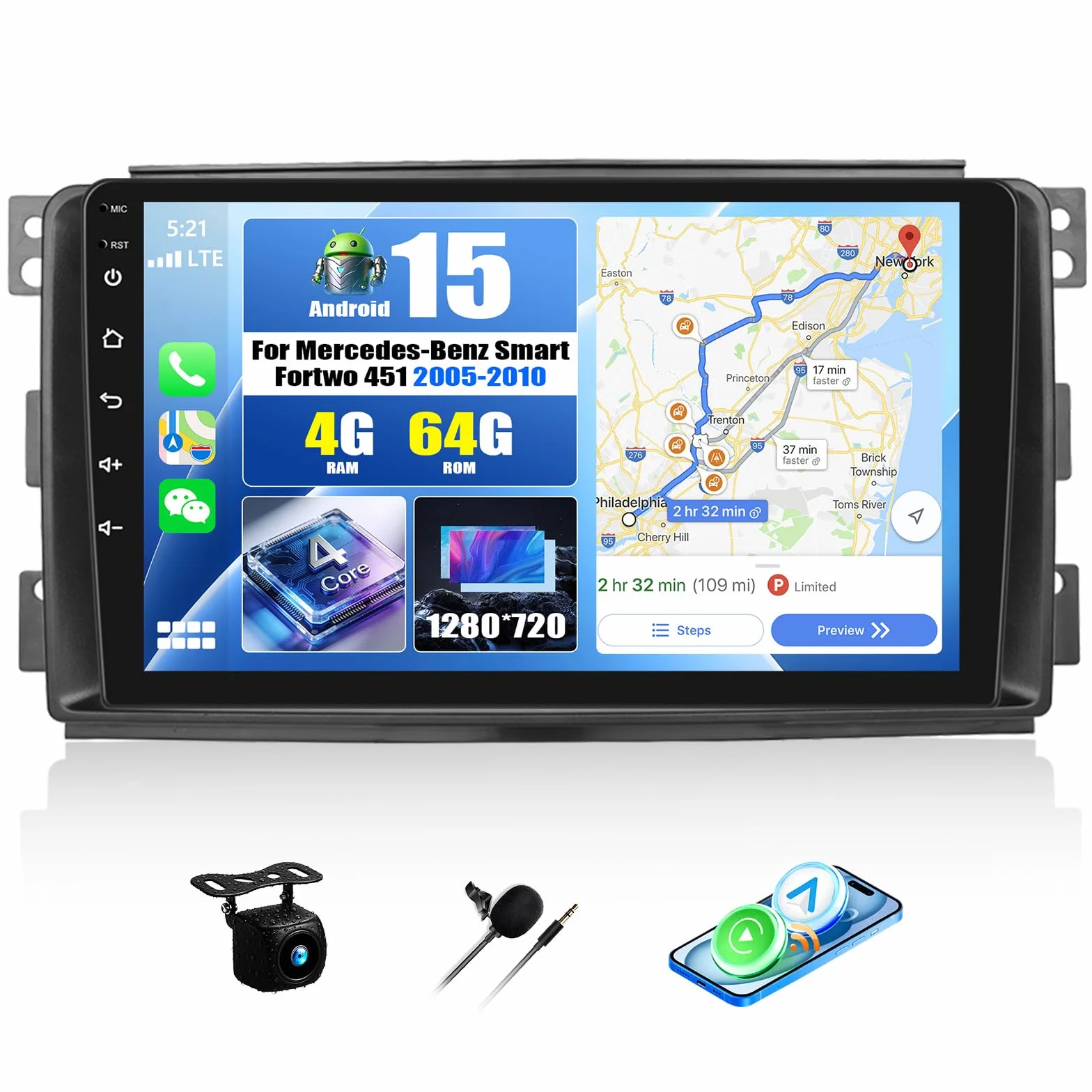 CAMECHO 4+64 GB Android 15 Radiomagnitofon z CarPlay dla Mercedes-Benz Smart Fortwo 2005–2010 Nawigacja CarPlay Android Auto 9″ ekran dotykowy Bluetooth MirrorLink WiFi FM/RDS EQ + kamera