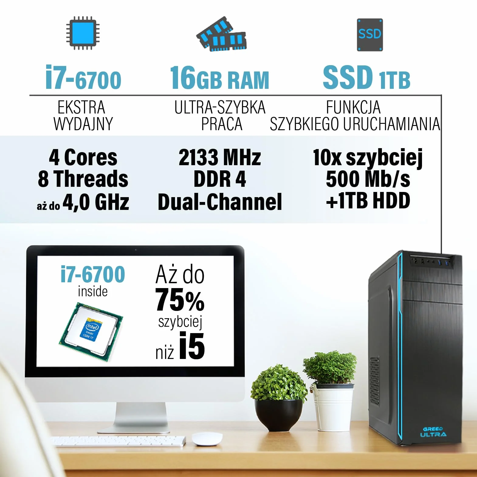 GREED® Intel Core i7 6700 Ultra PC komputer stacjonarny do domu i biura, szybki Desktop 4,0 GHz - 16 GB RAM - 1 TB SSD + 1 TB HDD - DVD+RW - USB3.0 - WLAN - w zestawie z systemem Windows 11 Pro