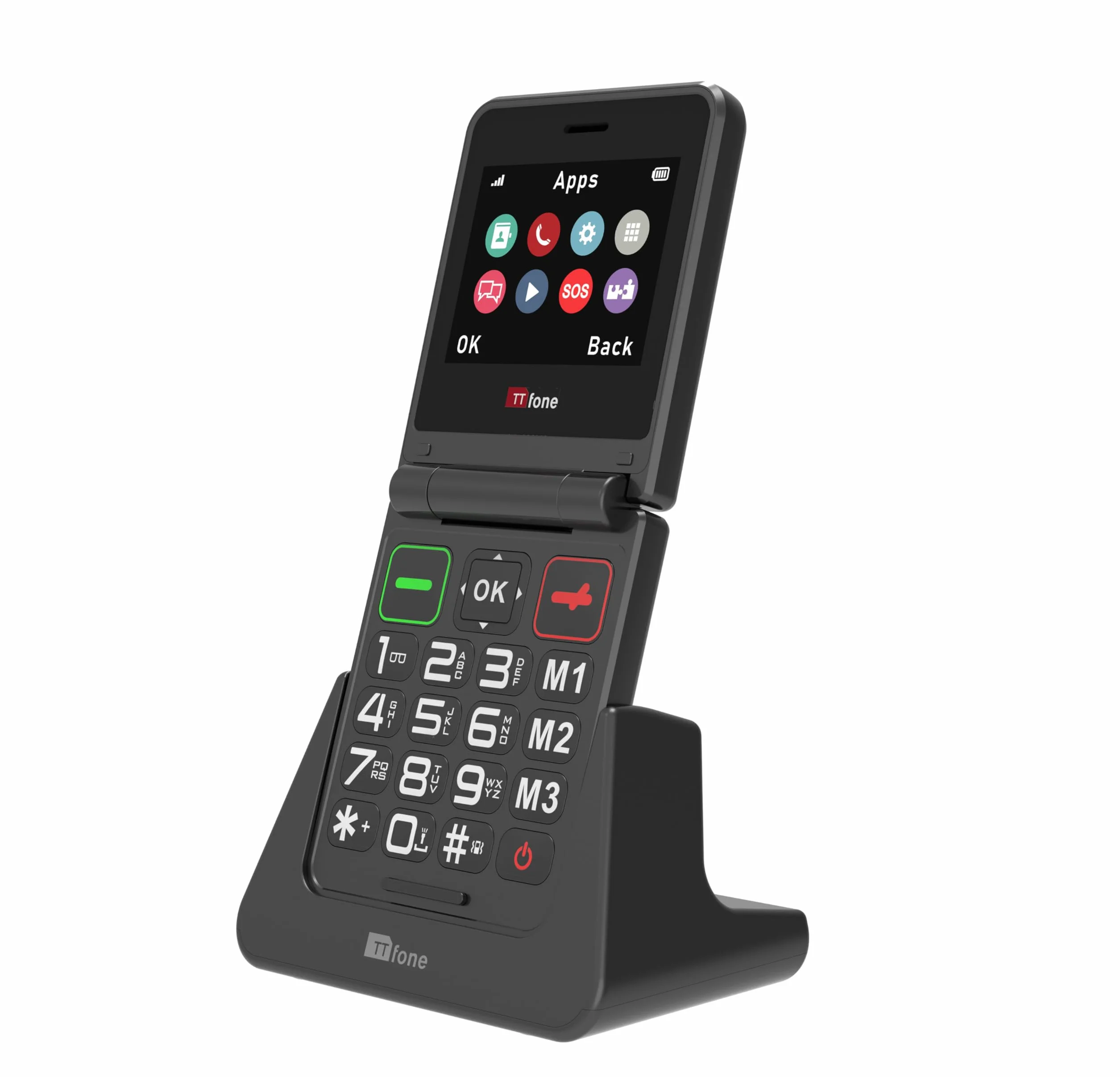 TTfone TT660 Telefon komórkowy z klapką dla seniorów - składana konstrukcja, duże przyciski, pomoc w nagłych wypadkach, długa żywotność baterii - Pay As You Go (O2 PAYG, czarny, z ładowarką dokującą)