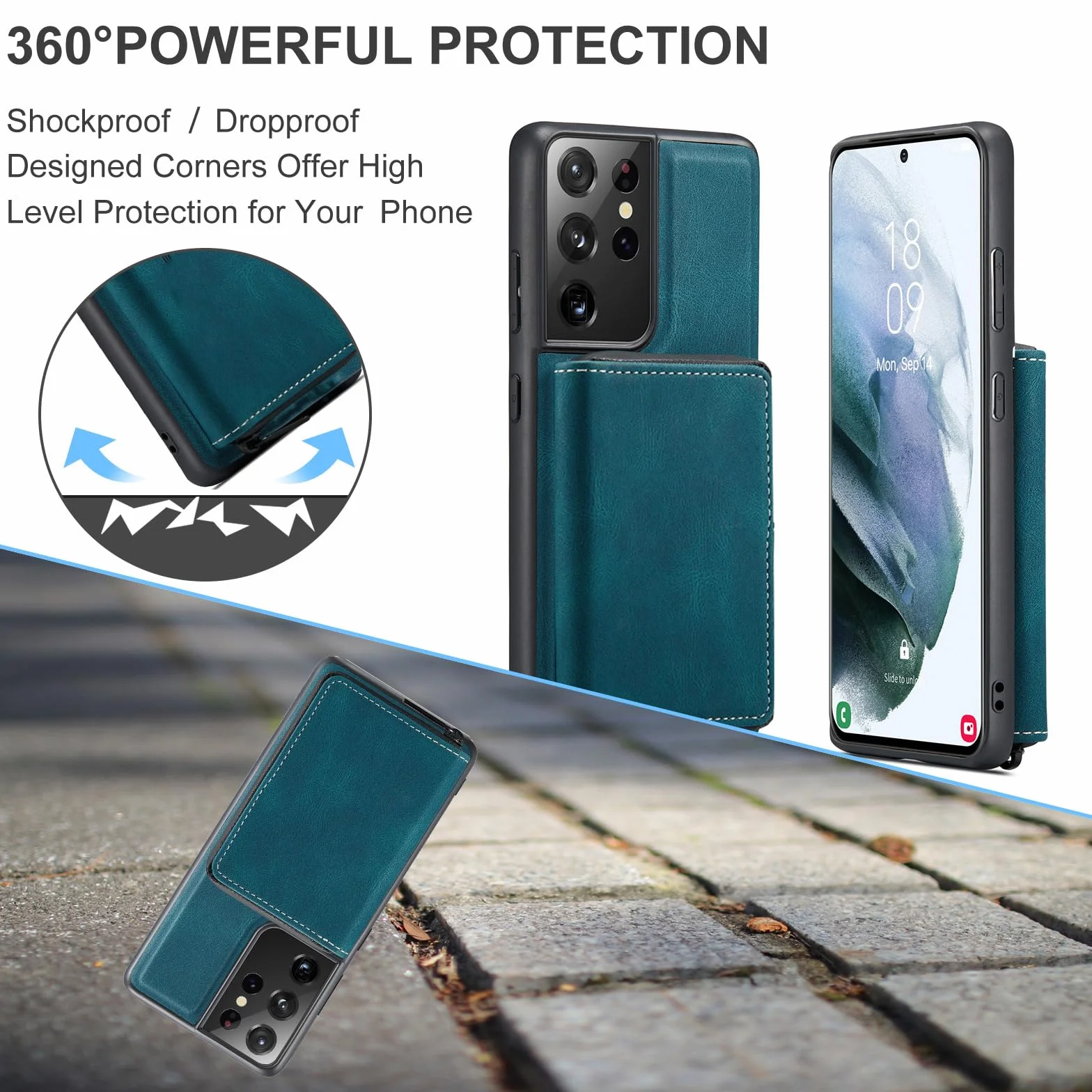 Skórzane etui do Samsung Galaxy S24 Ultra/S24 Plus/S24, ultracienkie etui portfelowe z kieszenią na zamek błyskawiczny, etui premium biznesowe, odporne na wstrząsy, niebieskie, S24 Ultra