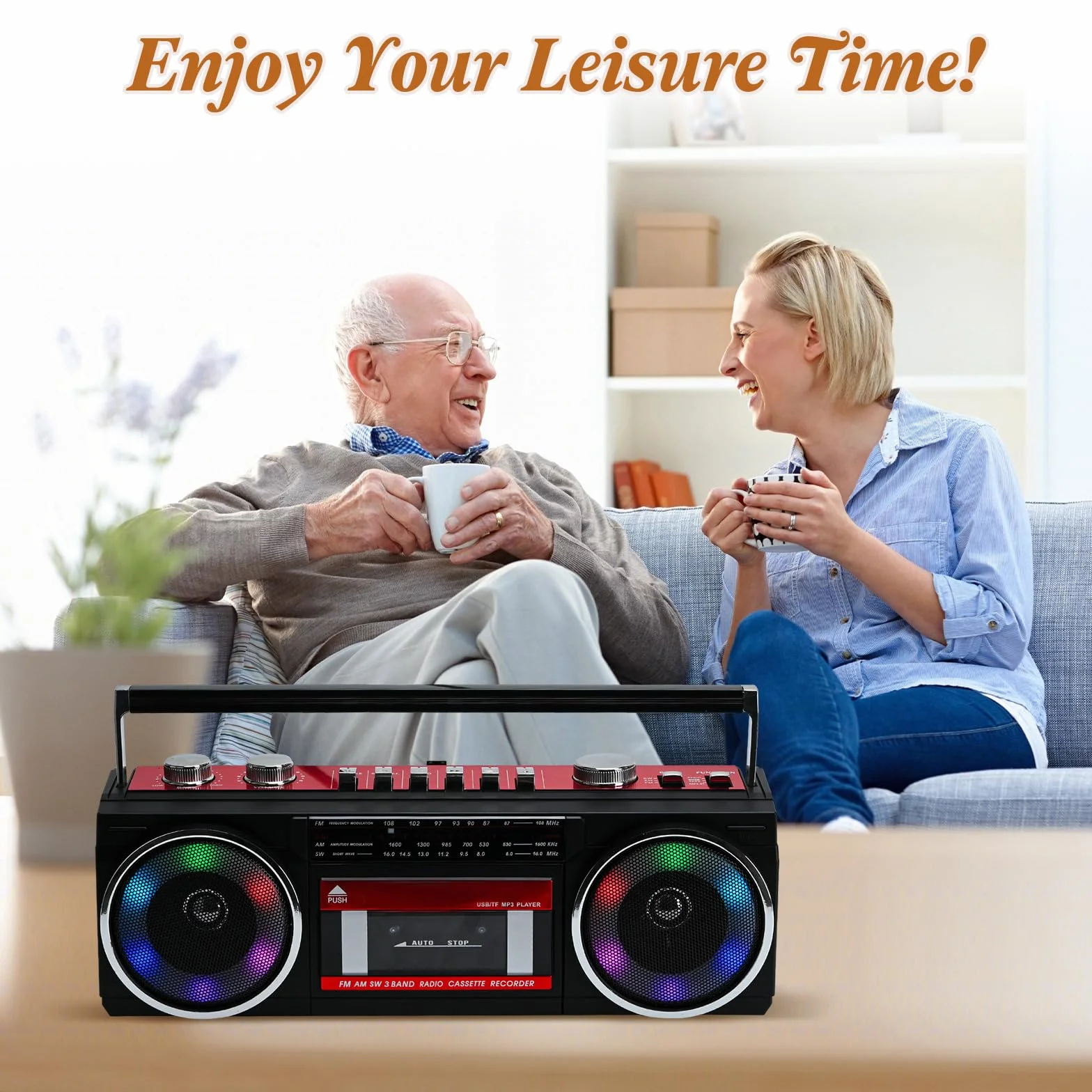 Przenośny odtwarzacz kasetowy Boombox AM/FM/SW radio stereo, odtwarzacz kasetowy, odtwarzacz MP3, Bluetooth, USB, RGB, karta TF (czerwony)