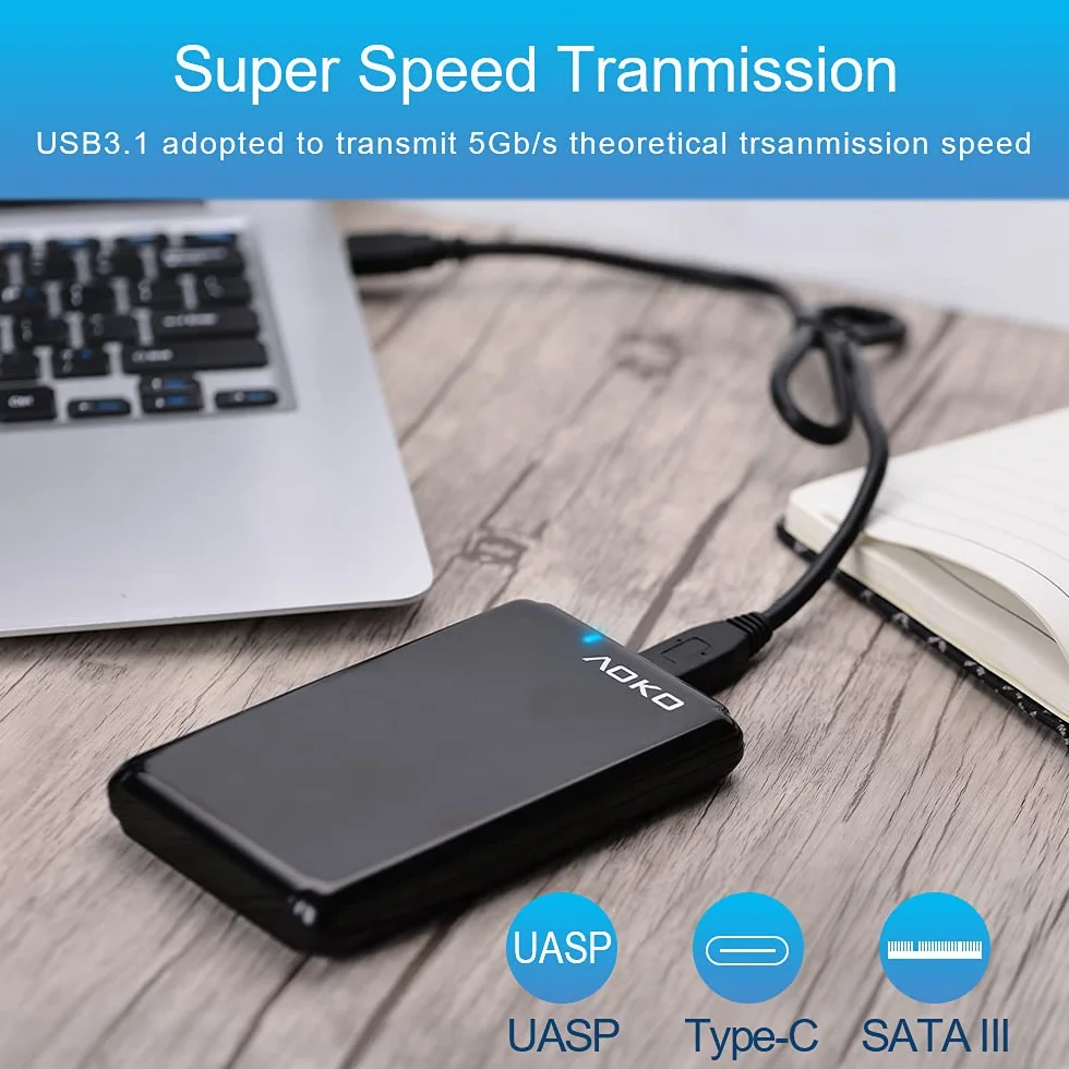 AOKO Obudowa dysku twardego SATA USB C 3,1 do 2,5" 7 mm do 15 mm (do grubości 15 mm), przenośny beznarzędziowy konwerter obudowy dysku twardego z podwójnym kablem USB-A na C Y i adapterem