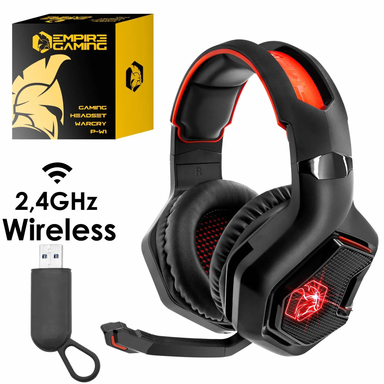 EMPIRE GAMING - WarCry P-W1 gamingowy zestaw słuchawkowy z mikrofonem – PC/PS4/PS5/Xbox/Mac-2.4 GHz Wireless – Surround Sound Stereo – LED czerwony