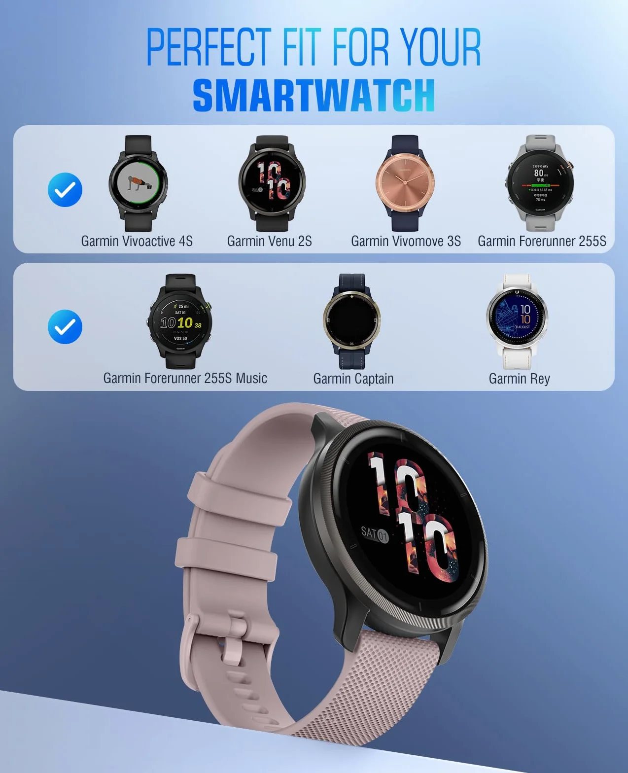 MoKo Watch Band Compatible with Garmin Vivoactive 4S/Venu 4 41mm/3S/2S/Forerunner 265S/255S/255S Music/Vivomove 3S, 18mm Soft Silicone Replacement Watch Band Sport Wristband