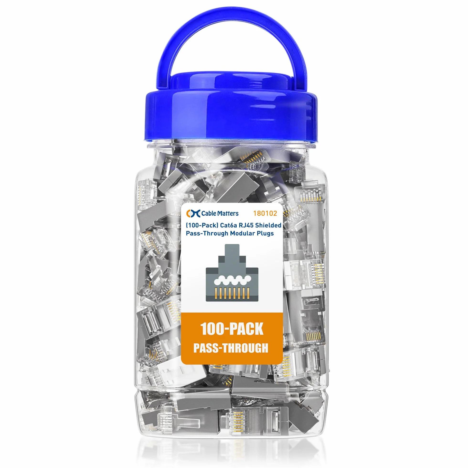 Cable Matters 100 sztuk ekranowanego złącza RJ45 Cat 6A (końcówki Cat 6A / złącze Cat6A / wtyczki modułowe RJ45/wtyczki Ethernet/złącze sieciowe) do stałego lub skręconego kabla Ethernet S/FTP