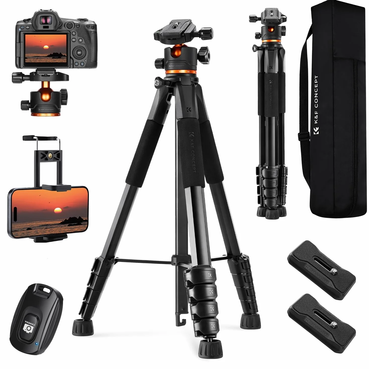 K&F Concept Statyw do aparatu i smartfona 190 cm/75", aluminiowa podpórka fotograficzna S255A3+BH-36 z pilotem Bluetooth i głowicą kulową, kompaktowy statyw do lustrzanek cyfrowych/iPad/Live Streaming