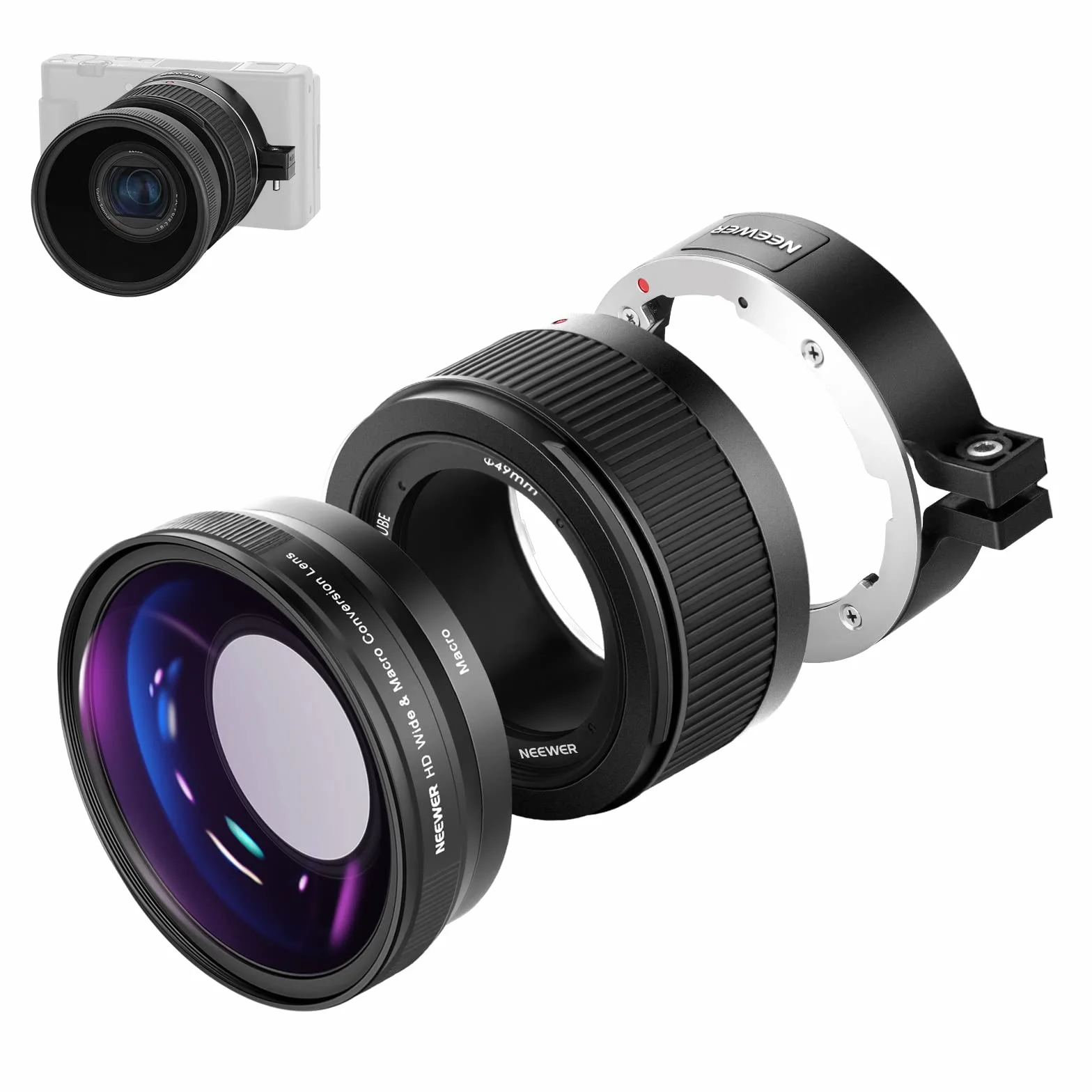 NEEWER Obiektyw szerokokątny kompatybilny z aparatem Sony ZV1, 2 w 1, szerokokątny obiektyw HD 18 mm i 10-krotny dodatkowy obiektyw makro z rurką przedłużającą, bagnetowy adapter soczewki, ściereczka