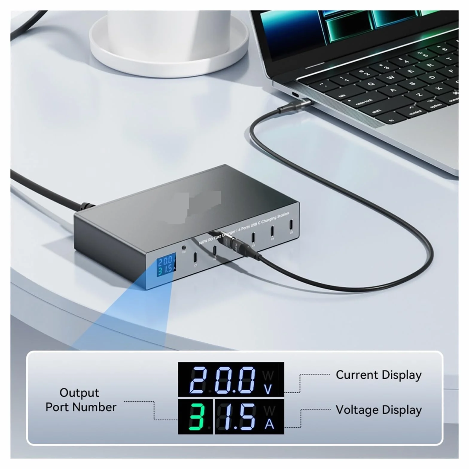Szybka Ładowarka PD O Mocy 140 W Z 6 Portami Stacja Szybkiego Ładowania Multi USB-C 30 Wyświetlaczem LED MożLiwość Szybkiego łAdowania(With 100w 1m cable)