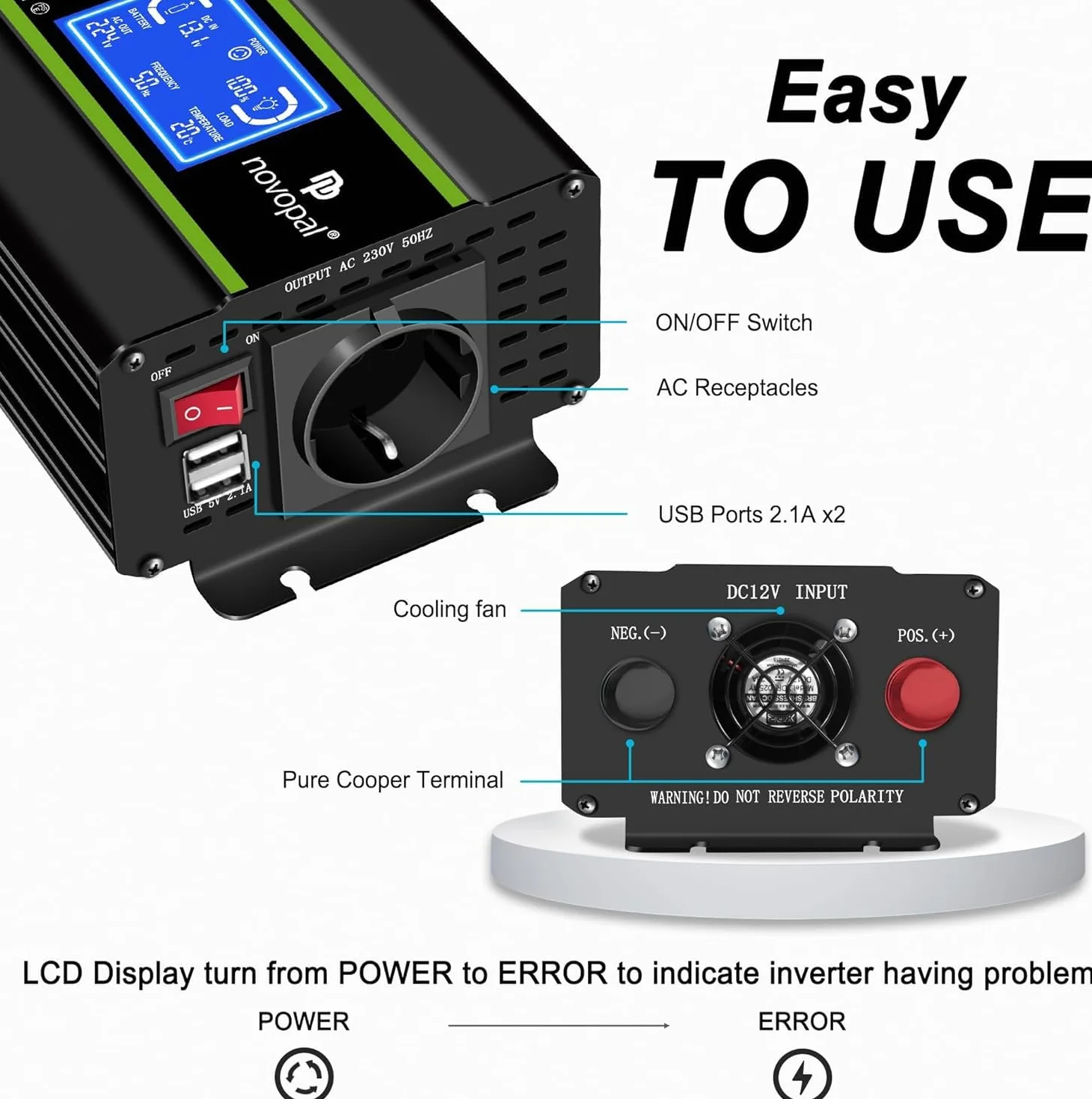 NOVOPAL Falownik 500 W, 12 V na 230 V, 220 V, czysty sinusoidalny przetwornik napięcia | Inteligentny wyświetlacz LCD, wyjście 2 USB, wtyczka UE do samochodów osobowych, przyczep kempingowych, ciężarowych