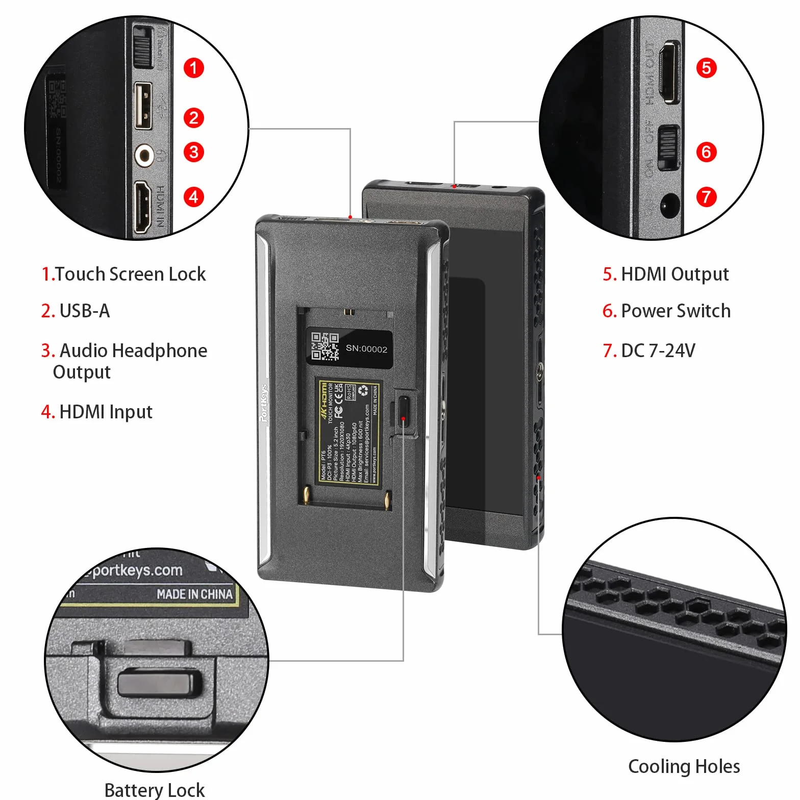 Portkeys PT6 Monitor Kamerowy 5.2" Ekran Dotykowy 600nits 3D LUT Wyjście 100% DCI-P3 Focus Peaking RGB Waveform HDMI Wejście/Wyjście Stretch Wersji Pionowej dla Aparatów DSLR i Bezlusterkowych | Ekran Dotykowy, Focus Peaking, HDMI Wejście/Wyjście, RGB Wav