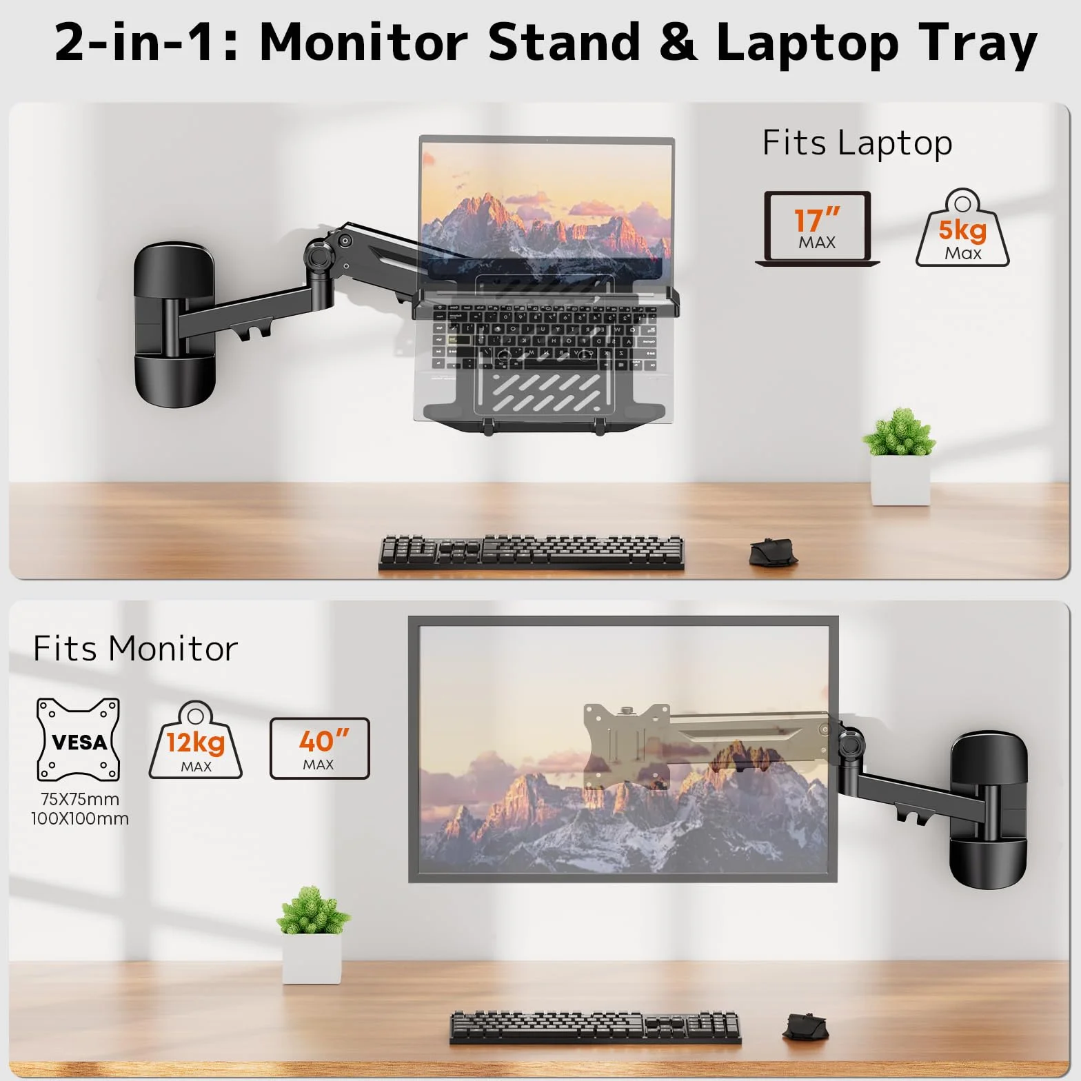 PUTORSEN Uchwyt ścienny 2 w 1 do laptopa, ramię sprężyny gazowej laptopa 10-18 cali i ekran 17-40", regulowany pełny ruch, może wytrzymać 1-12 kg