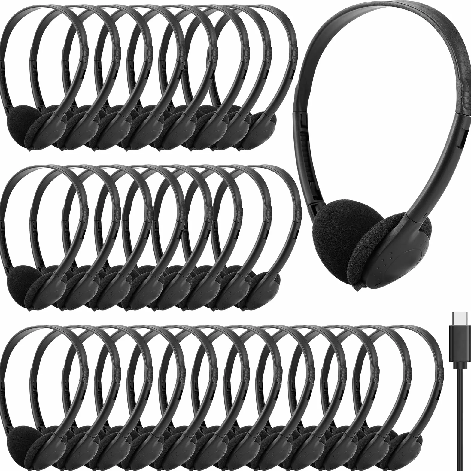 Słuchawki USB C, luzem, 25 sztuk, do klasy, szkoły, dla dzieci, słuchawki USB typu C, zestaw klasy kompatybilny z podkładkami, smartfonami, czarne (B)