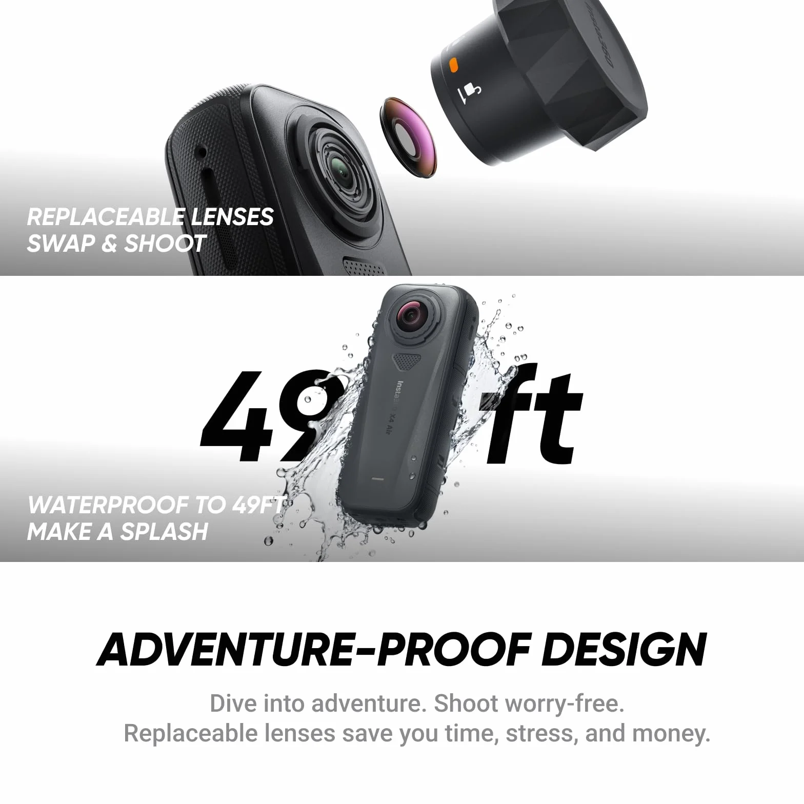 Insta360 X4 Air Pack No Drone No Problem Czarny Grafitowy - Lekka kamera 360 8K, 165g, Niewidoczny kijek do selfie, wymienne obiektywy, nagrywaj najpierw i sformatuj później, osłona przeciwwietrzna