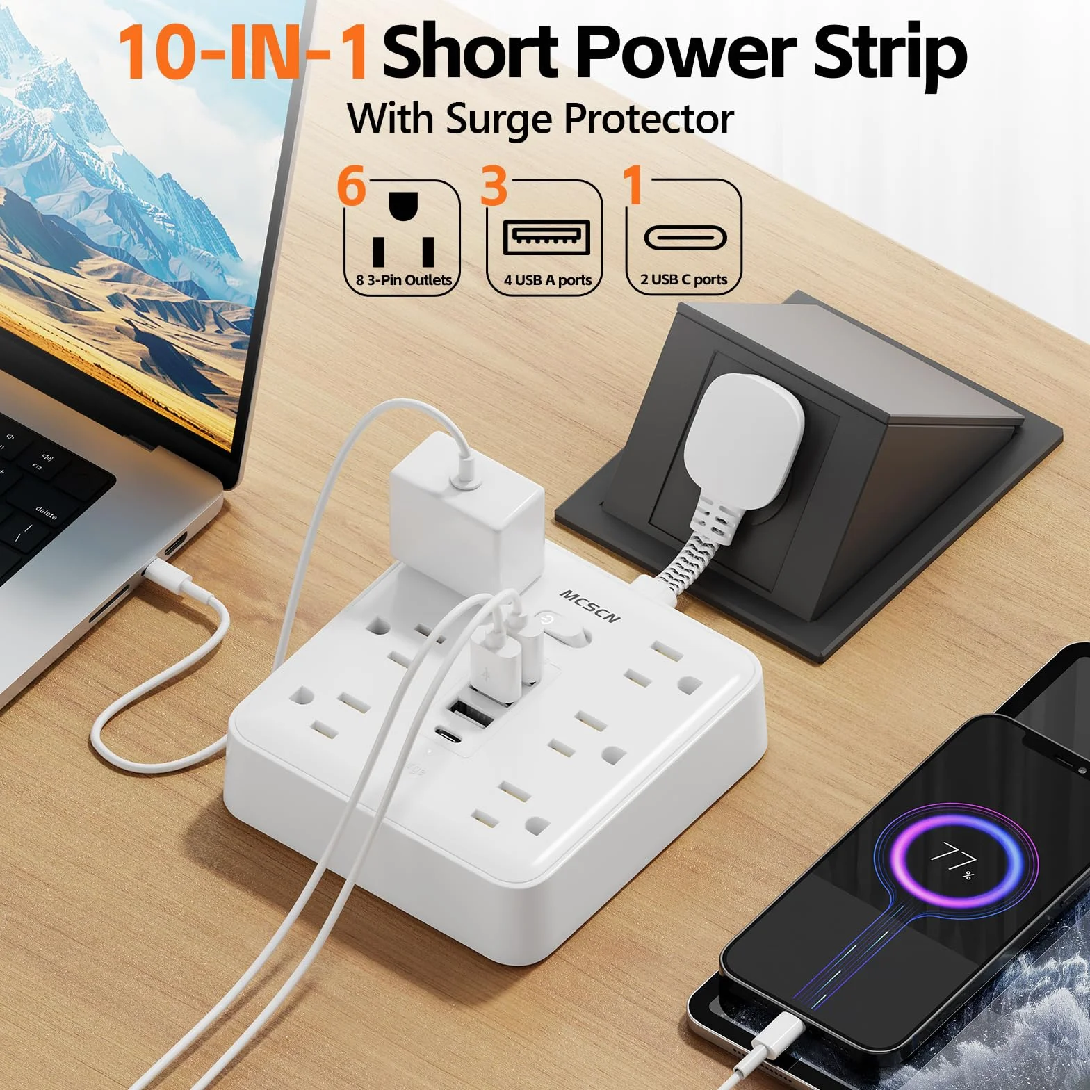 Smukłe i cienkie przenośne płaskie gniazdo, zabezpieczenie przed przeciążeniem, listwa zasilająca z 6 gniazdami AC, 4 USB (1C) do domu, biura, sypialni, podróży, niezbędnych rzeczy, ognia