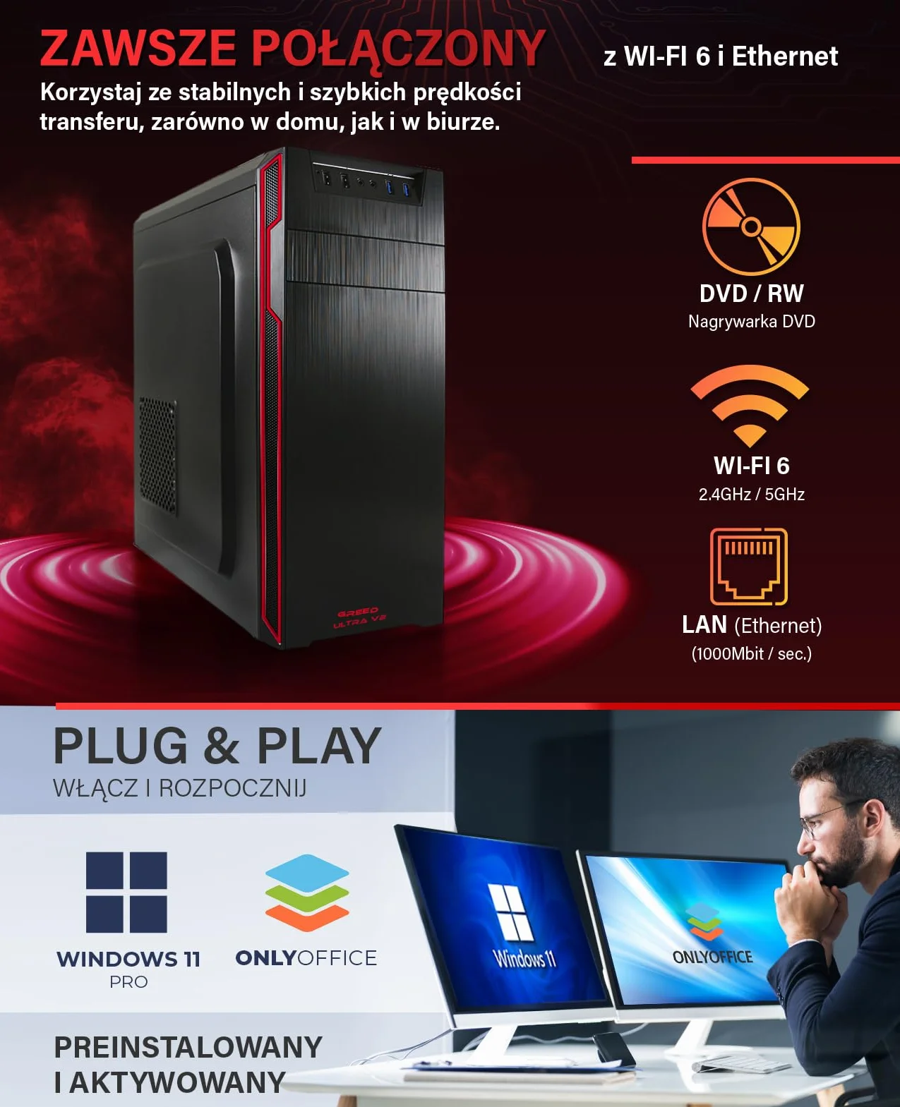Greed® Komputer Ultra V2 z AMD Ryzen 7 5700G – szybki PC + Desktop do biura i domowego biura o częstotliwości 4,6 GHz, 16 GB pamięci RAM - 1TB SSD + 1TB HDD - DVD+RW - USB 3.1 + Windows 11 Pro