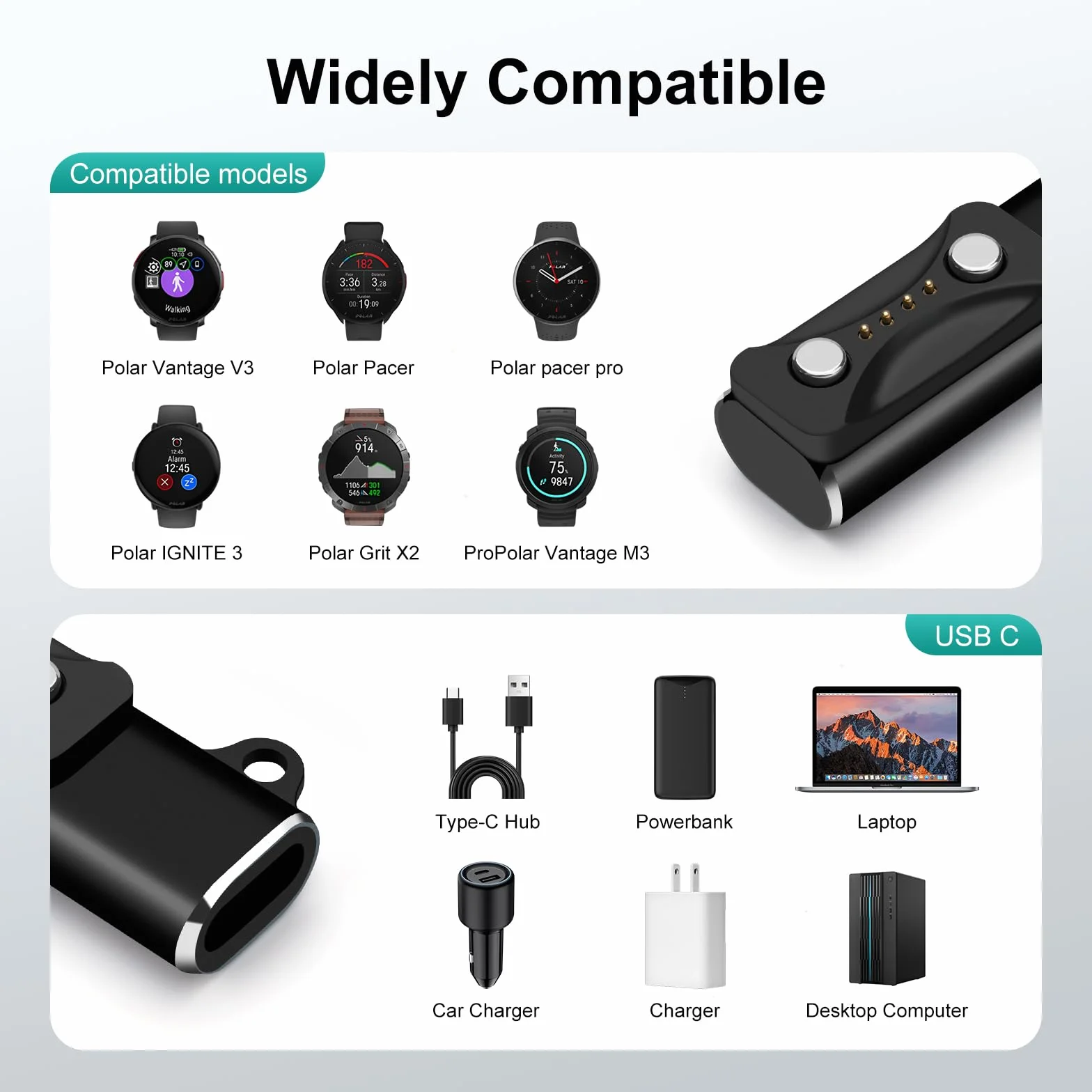 Adapter do ładowania Polar USB-C ze smyczem kompatybilny Vantage V3 Pacer Pro M3 Ignite 3 Grit X2 czarny
