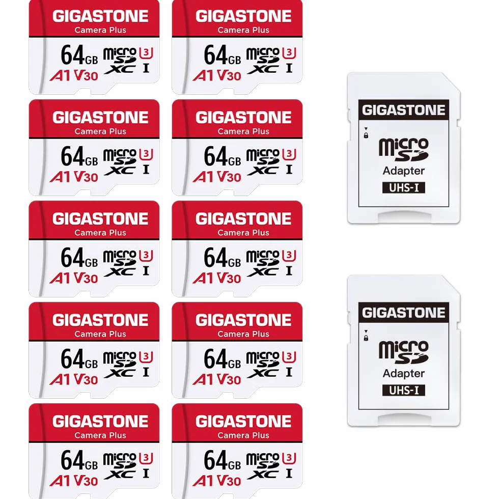 Gigastone karta micro SD 64 GB, 10 sztuk, aparat Plus, karta pamięci MicroSDXC do Wyze, kamery wideo, kamery bezpieczeństwa, smartfona, tabletu Fire, nagrywania wideo 4K, UHS-I U3 A1 V30, 95 MB/s, z adapterem