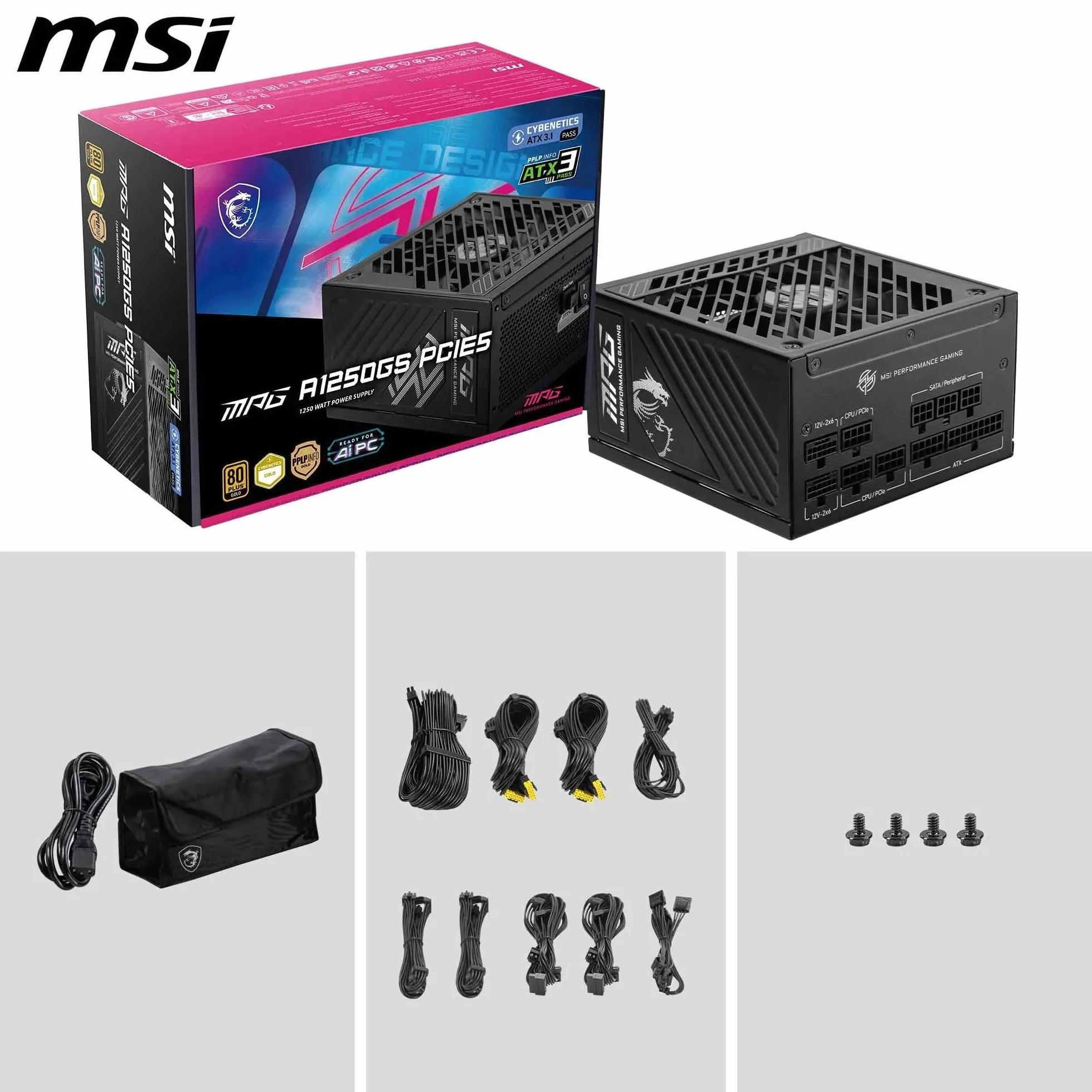 MSI MPG A1250GS PCIE5 zasilacz sieciowy, 1250 W, 80 Plus Gold, ATX 3.1, PCIe 5.1 obsługa GPU, Dual-Native 12 V-2 x 6, modułowy kabel z dwukolorowymi złączami 12 V-2 x 6, zasilacz ATX