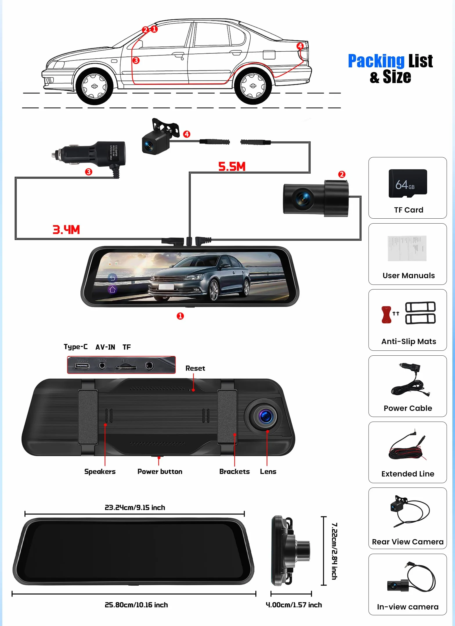 CAMECHO 9,66″ 2K ekran dotykowy w lusterku wstecznym samochodowym trzykrotna kamera przednia wewnętrzna tylna nagrywanie cykliczne z GPS czujnikiem grawitacji i wspomaganiem parkowania