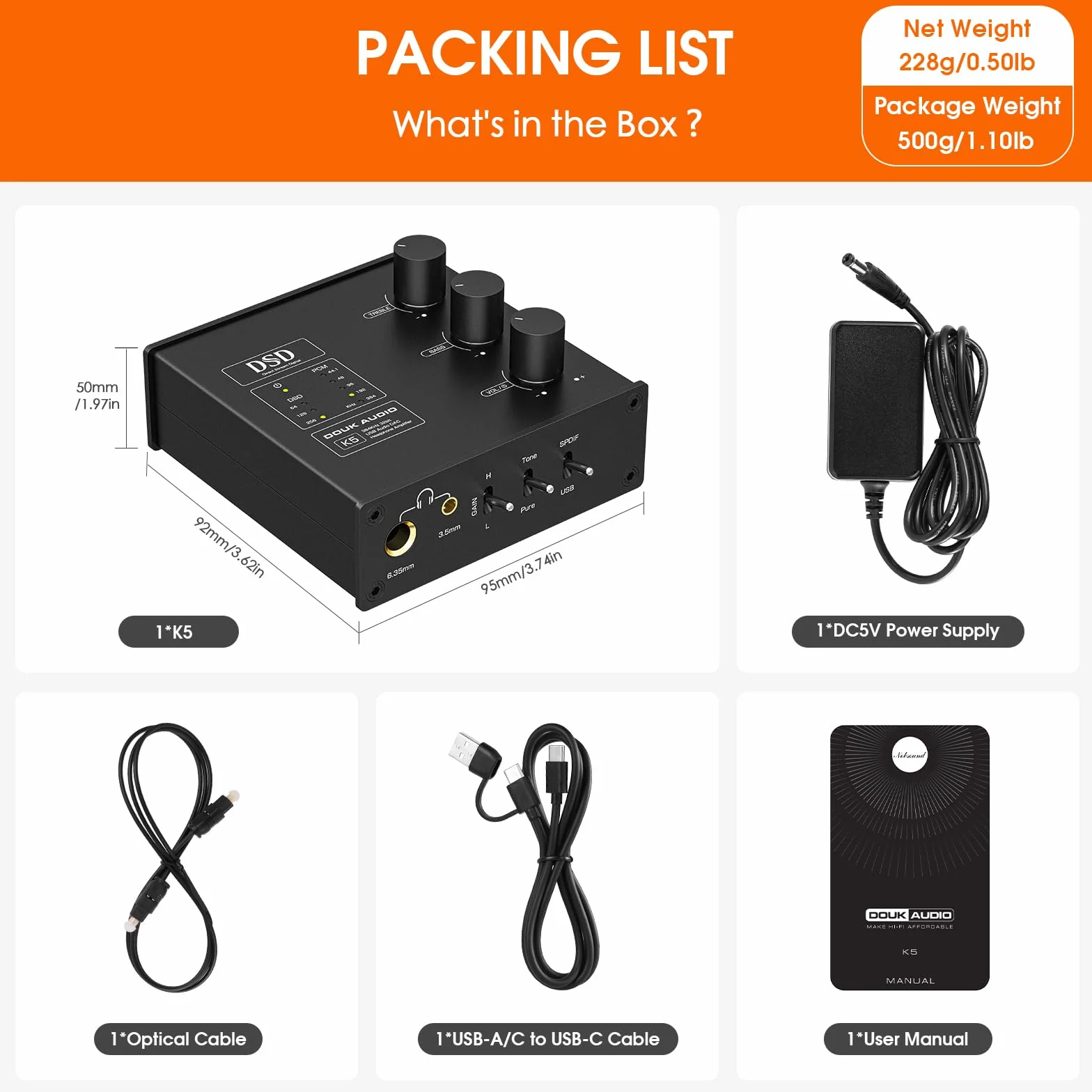 Douk Audio K5 PC DAC wzmacniacz słuchawkowy z wejściem USB i optycznym DSD256 do wzmacniaczy, głośników, komputerów Mac i PC