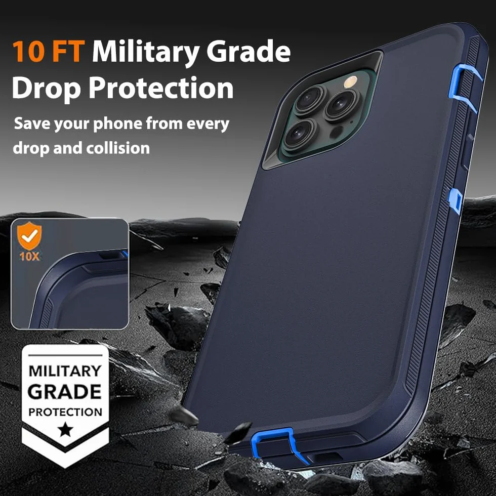 Etui do iPhone'a 13 Pro z 2 szt. ochraniaczy ekranu ze szkła hartowanego i 1 szt. ochraniaczy obiektywu aparatu, klasa wojskowa 3 w 1, wytrzymałe, odporne na wstrząsy, upadki, kurz (granatowe