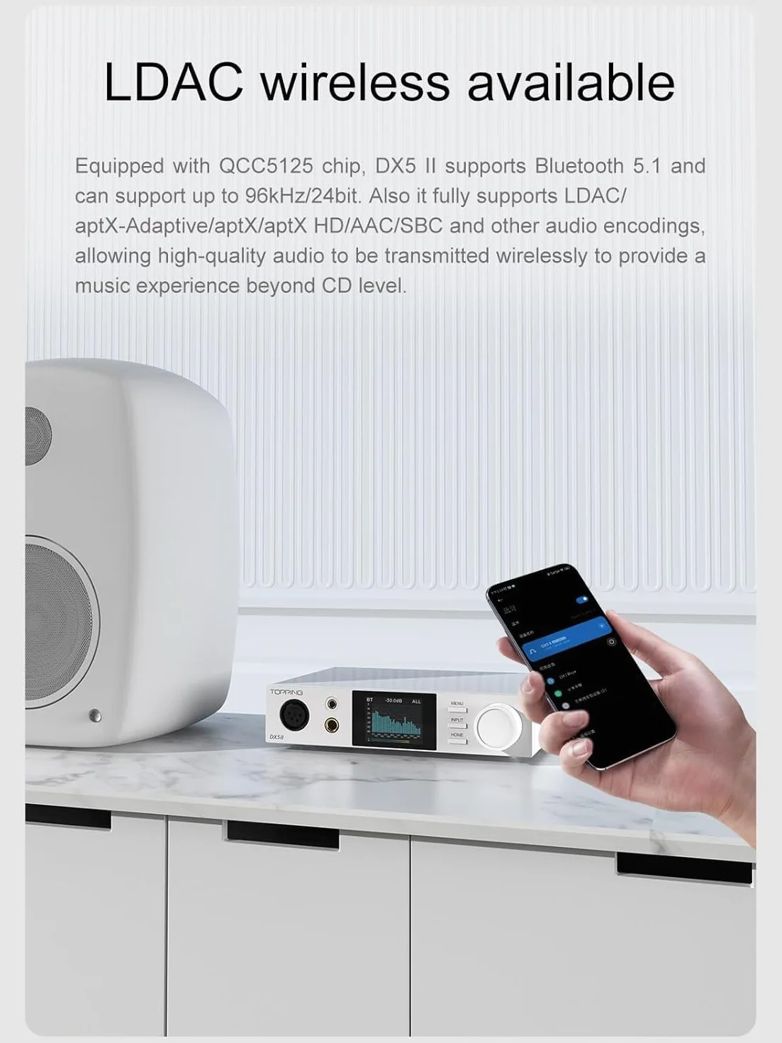 Topping DX5 II DAC Bluetooth 5.1 wzmacniacz słuchawkowy, chip DAC ES9039Q2M, wzmocnienie X-Hybrid, 10-pasmowe wyrównywanie i zbalansowane wyjście, USB XMOS, wysoka rozdzielczość, RC, srebrny