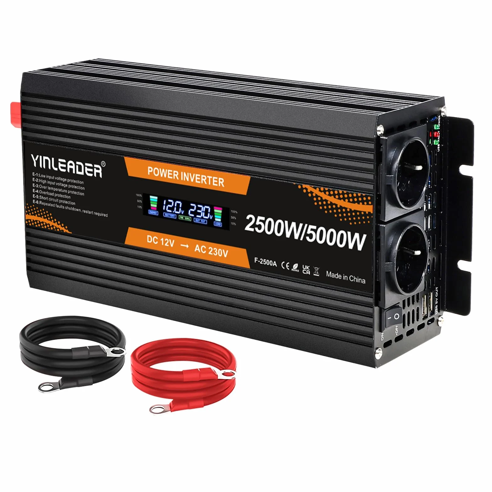 Yinleader Falownik 12 V 230 V 2500 W konwerter mocy z wyświetlaczem LCD 2 gniazda AC do paneli słonecznych samochodów RV