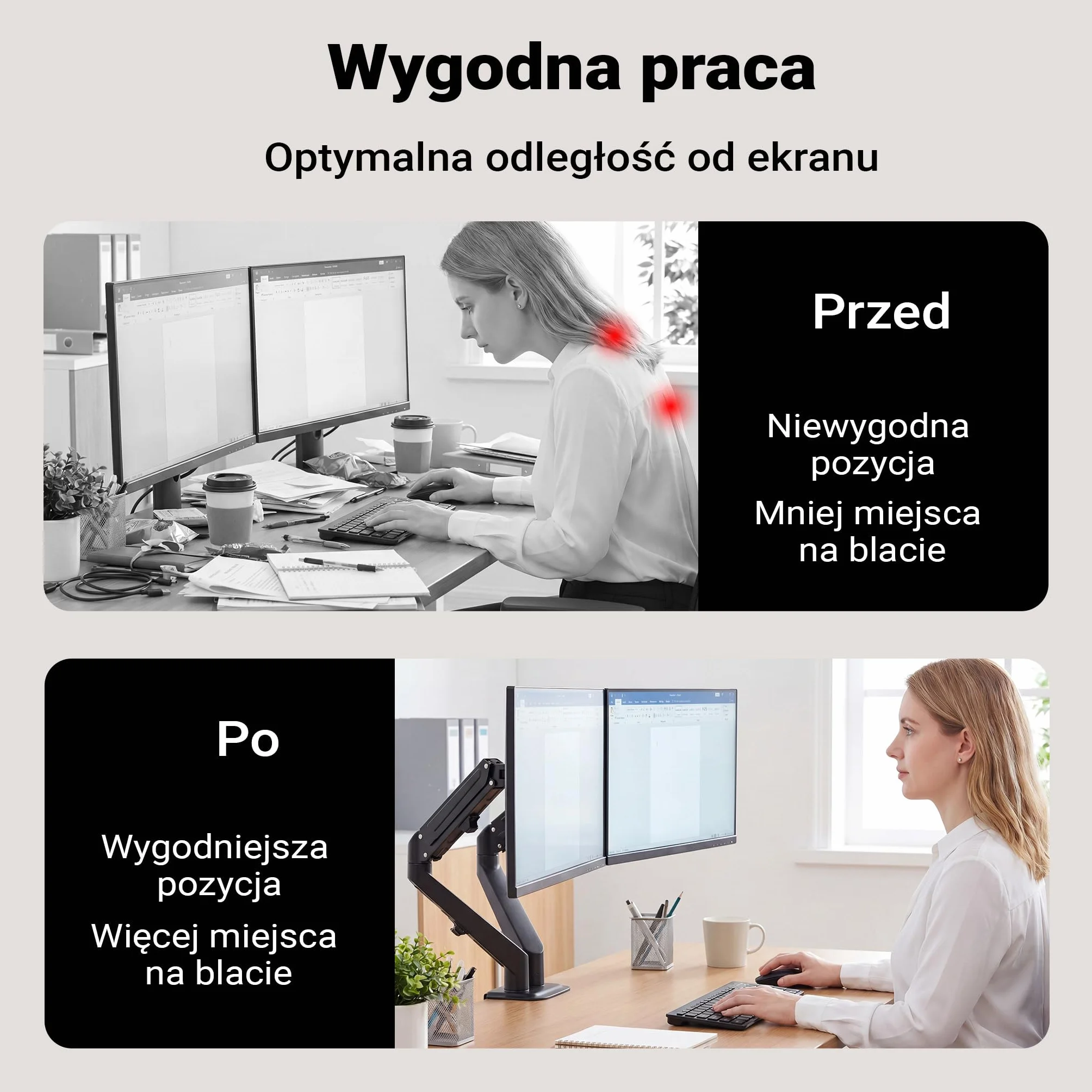 Wiltec Podwójny uchwyt monitorowy z sprężyną gazową do dwóch monitorów 17-27 cali Uchwyt stołowy VESA