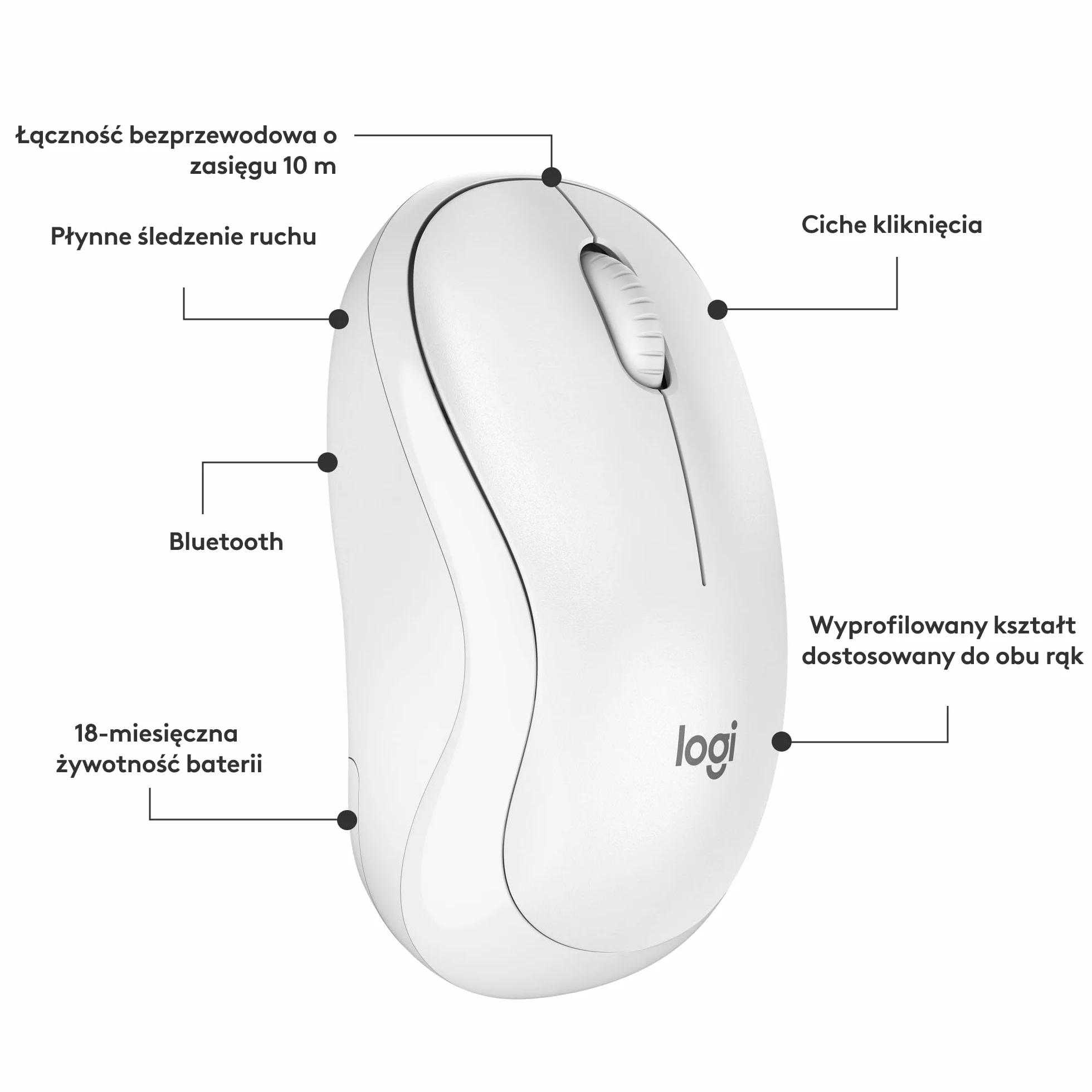 Logitech M240 Silent Bluetooth mysz bezprzewodowa kompaktowa 18 miesięcy bateria Biały
