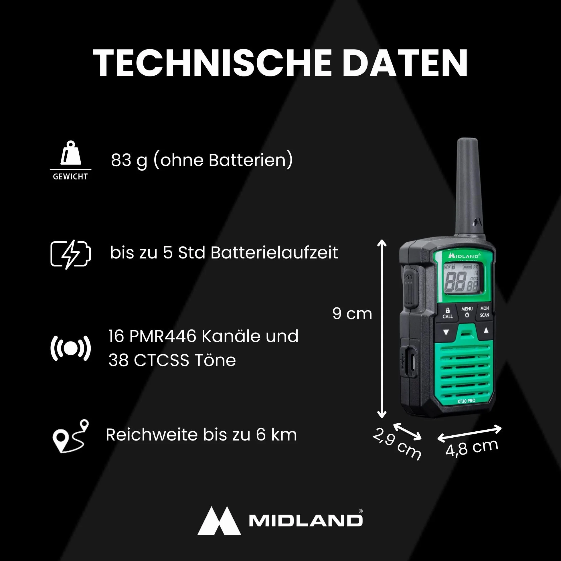 Midland XT30 PRO Doble, Walkie Talkie Profesional de Carga Rápida, 16 Canales PMR446 y Canal RRM, 38 Tonos CTCSS, Resistente a Salpicaduras, Recargable USB, Alcance de 6 Km, Verde/Negro, 2 Unidades