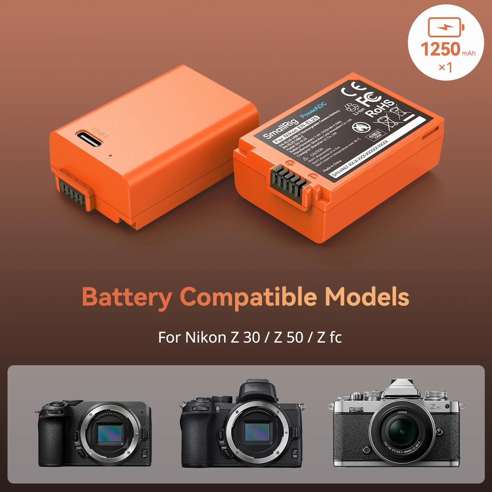 SMALLRIG EN-EL25 Bateria 1250 mAh USB-C Zamienna bateria do aparatu Nikon Z30 / Z50 / Z fc, 1,75H W pełni naładowana bateria do aparatu Nikon Z30, Z50, Z fc, pomarańczowa - 4967