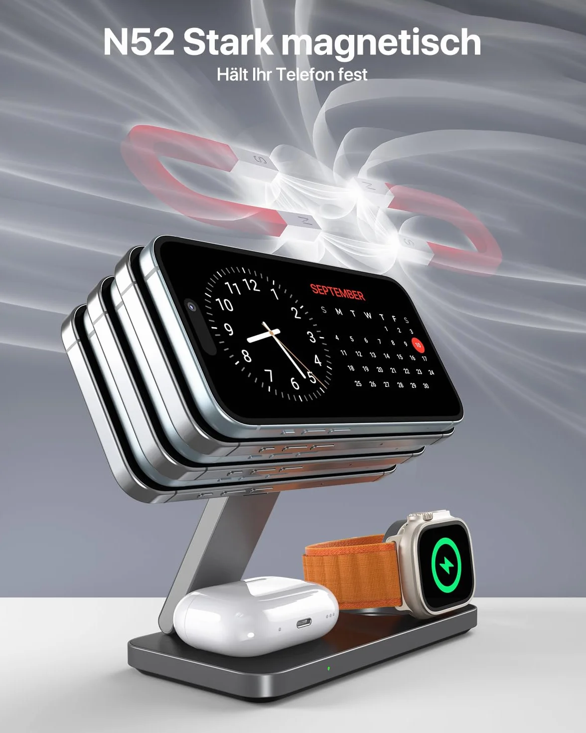 Stacja ładująca 3 w 1 z Qi2.2, 25 W, stacja ładująca Apple Watch i iPhone, kompatybilna z ładowarką bezprzewodową Magsafe do ładowania iPhone 17, 16, 15, 14, 13/12, AirPods, Apple Watch, w zestawie