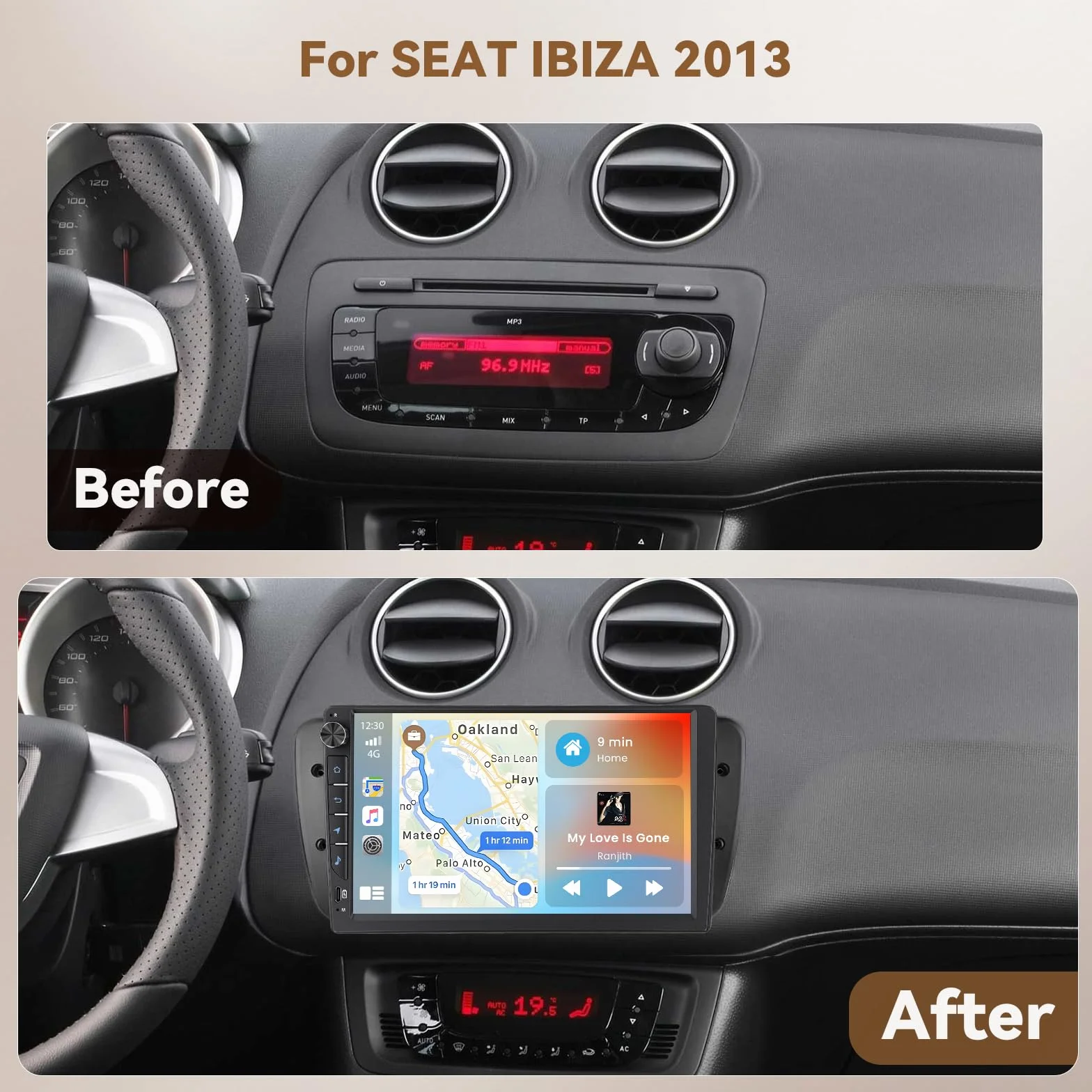 Hikity Android 15 4 + 64 GB radio samochodowe do Seat Ibiza 2013 z ekranem dotykowym o przekątnej 9 cali Incell, radio samochodowe 2DIN z bezprzewodowym Carplay Android Auto, FM/RDS Radio BT GPS WiFi