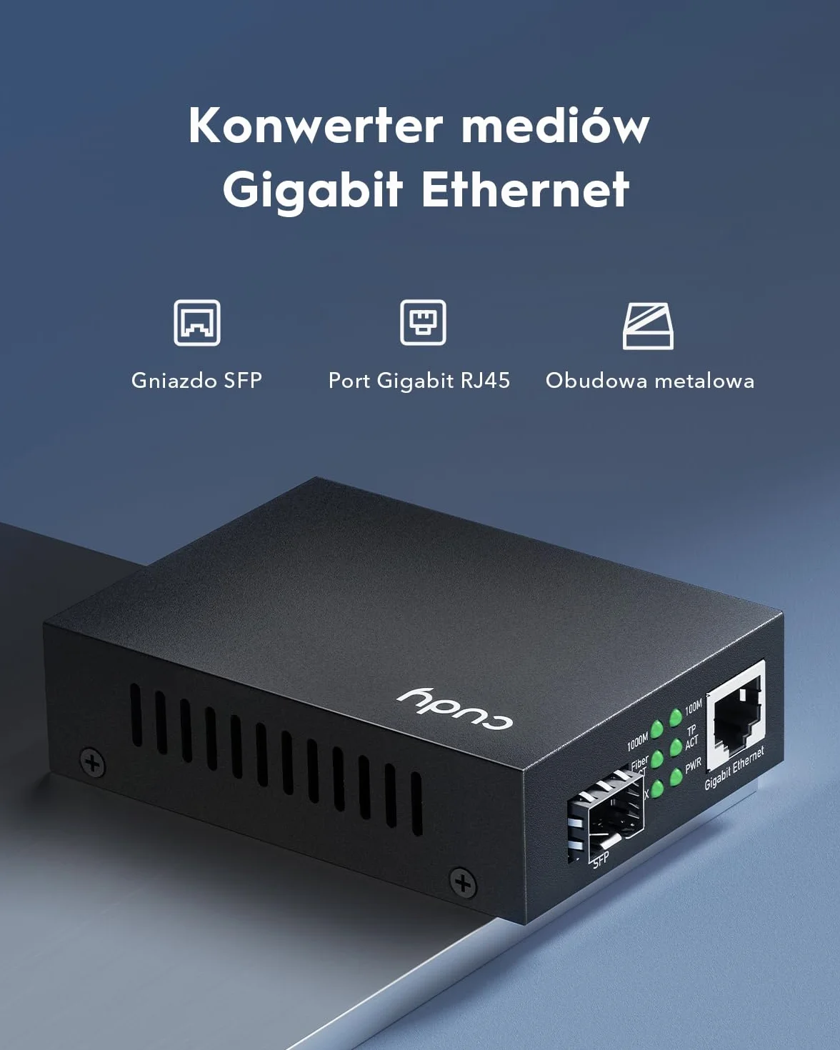 Cudy MC220 konwerter mediów Gigabit Ethernet, 10/100/1000 Mbps Gigabit Ethernet RJ45-do SFP do Gigabit, obsługa modułu 1000BASE-SX/LH-SFP-Mini-GBIC, modem z włókna szklanego