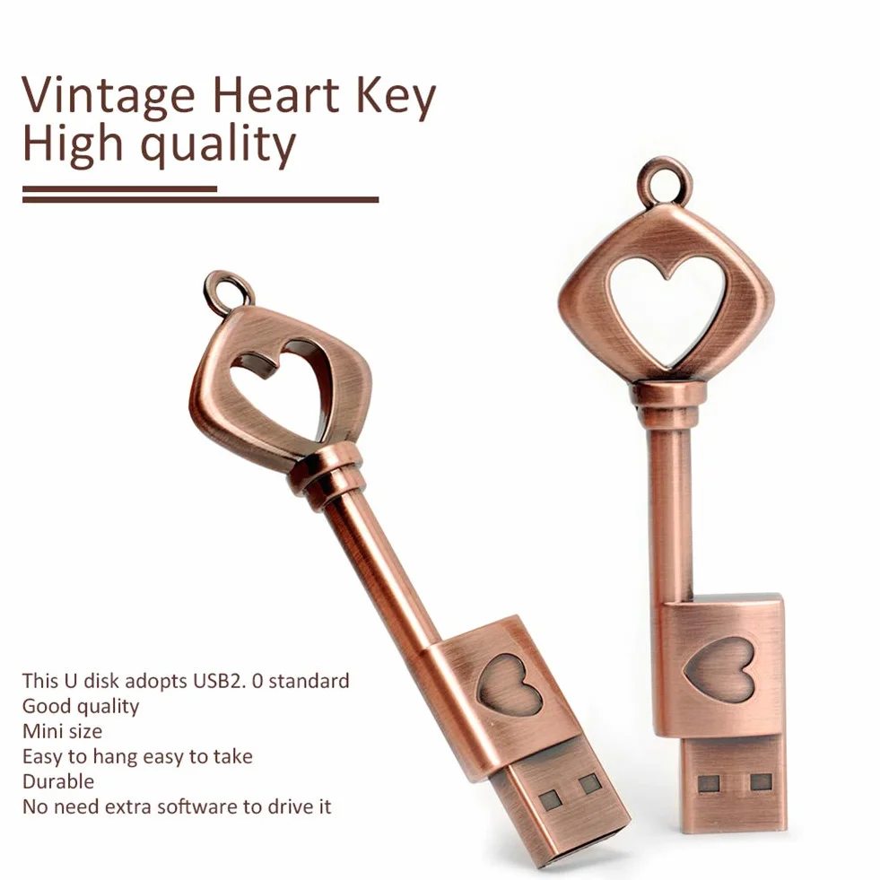 32 GB Pamięć USB, BorlterClamp Pendrive Retro Metalowy Miłość Serce Klucz Kształt