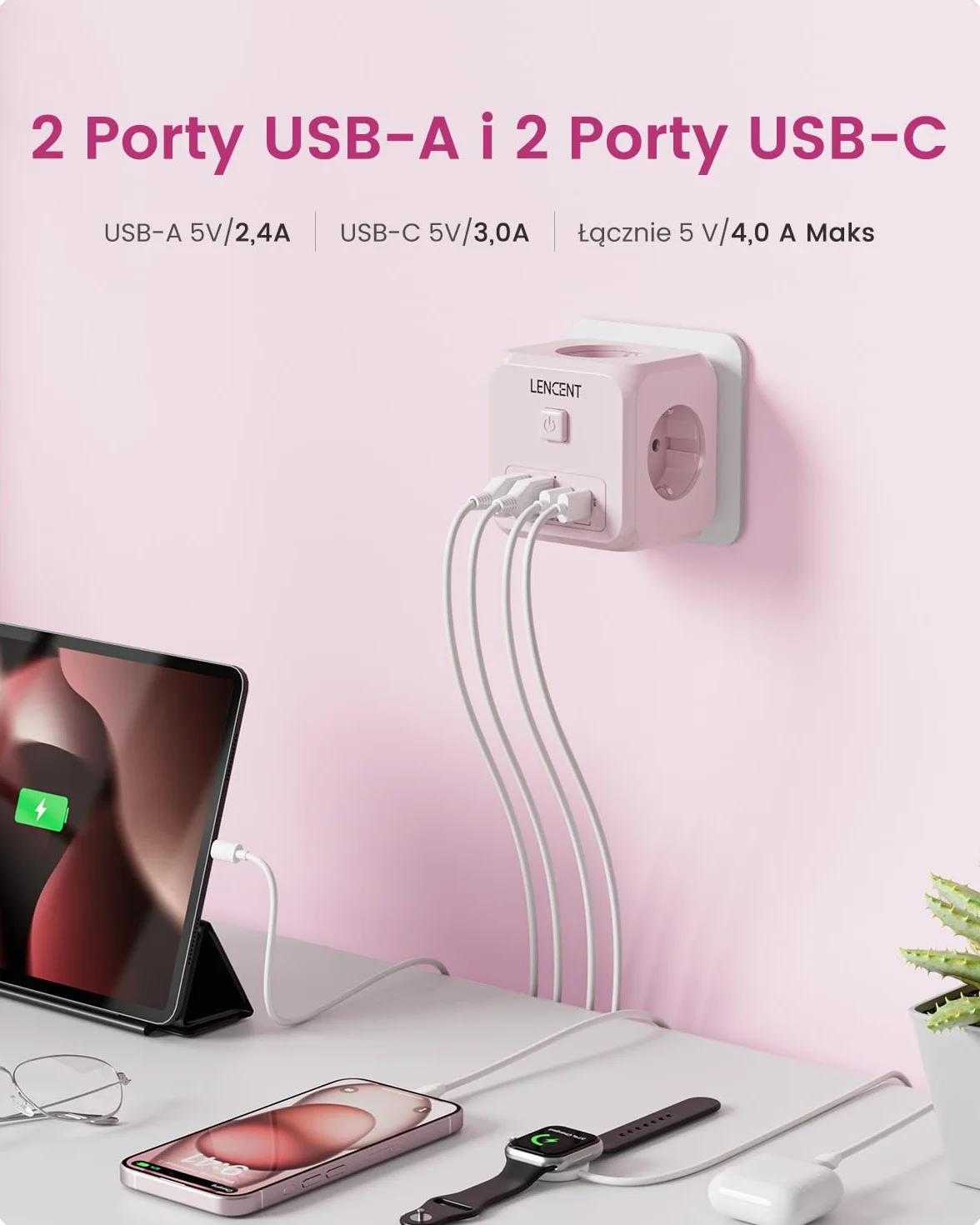 LENCENT Listwa Zasilająca 7 w 1, Listwa Zasilająca 4000 W, Wielokrotne Gniazdko z Przełącznikiem, 3 Gniazda AC, 2 USB-A i 2 Typu C, Rozszerzenie do Biura, Kuchni i Sypialni, Różowa