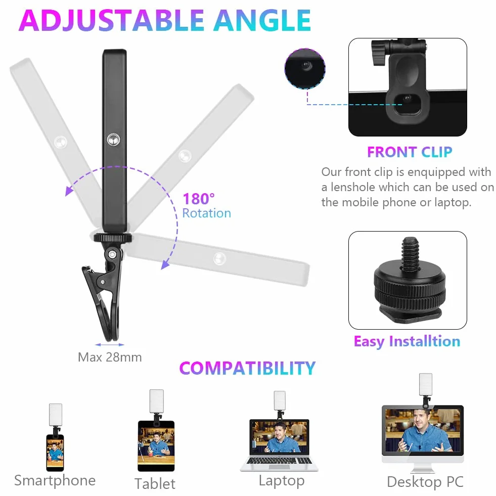 AXFEE Lampa wideo LED RGB, 5", światło wideo z możliwością ściemniania, 2500 K - 9000 K, z klipsem na telefon i uchwytem na zimne buty, wbudowany akumulator 3100 mAh, CRI 95+, światło do fotografii