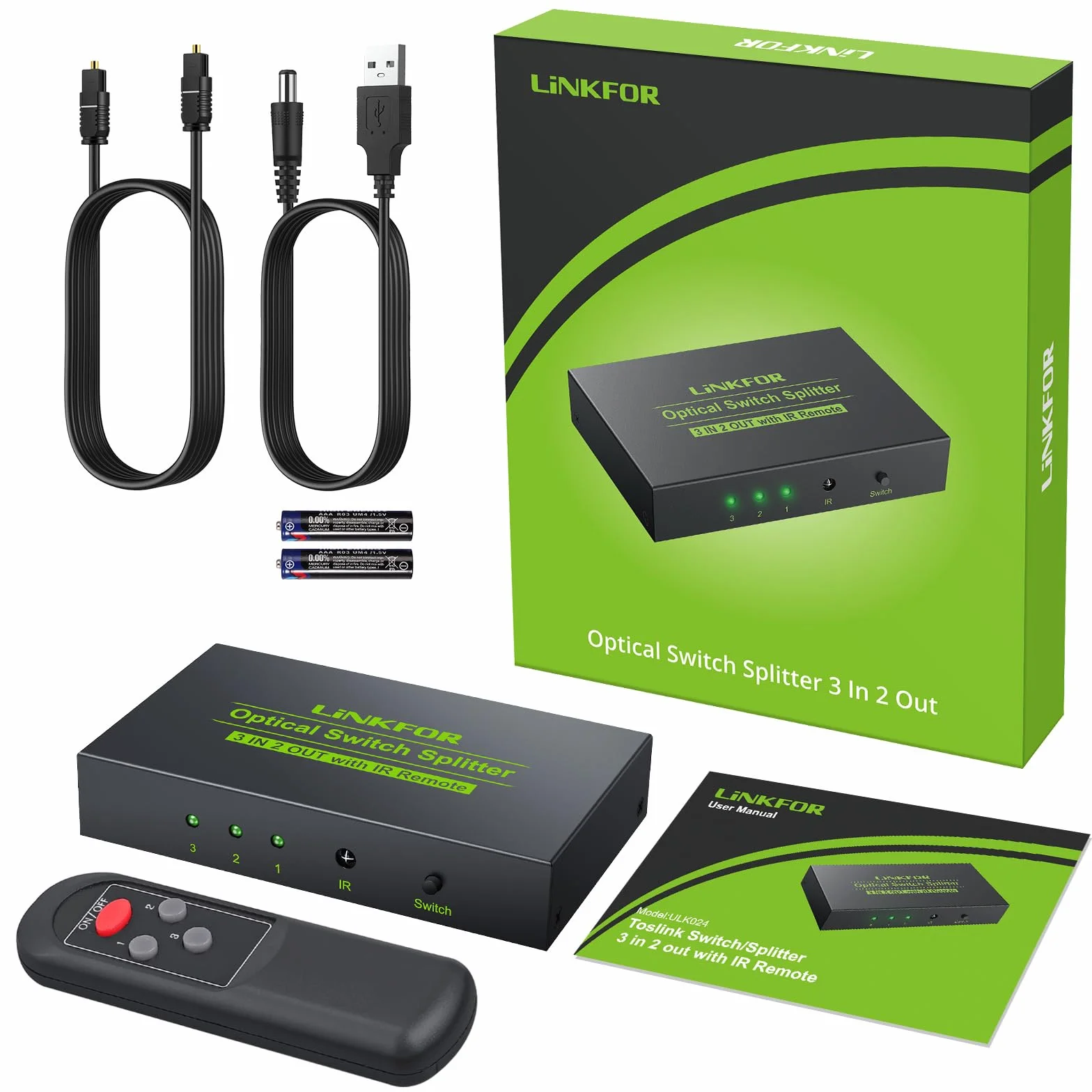Optyczny przełącznik audio, LiNKFOR 3x2 Toslink SPDIF cyfrowy światłowodowy przełącznik audio z pilotem zdalnego sterowania przełącznik audio LPCM2.0 DTS Dolby-AC3 z kablem optycznym