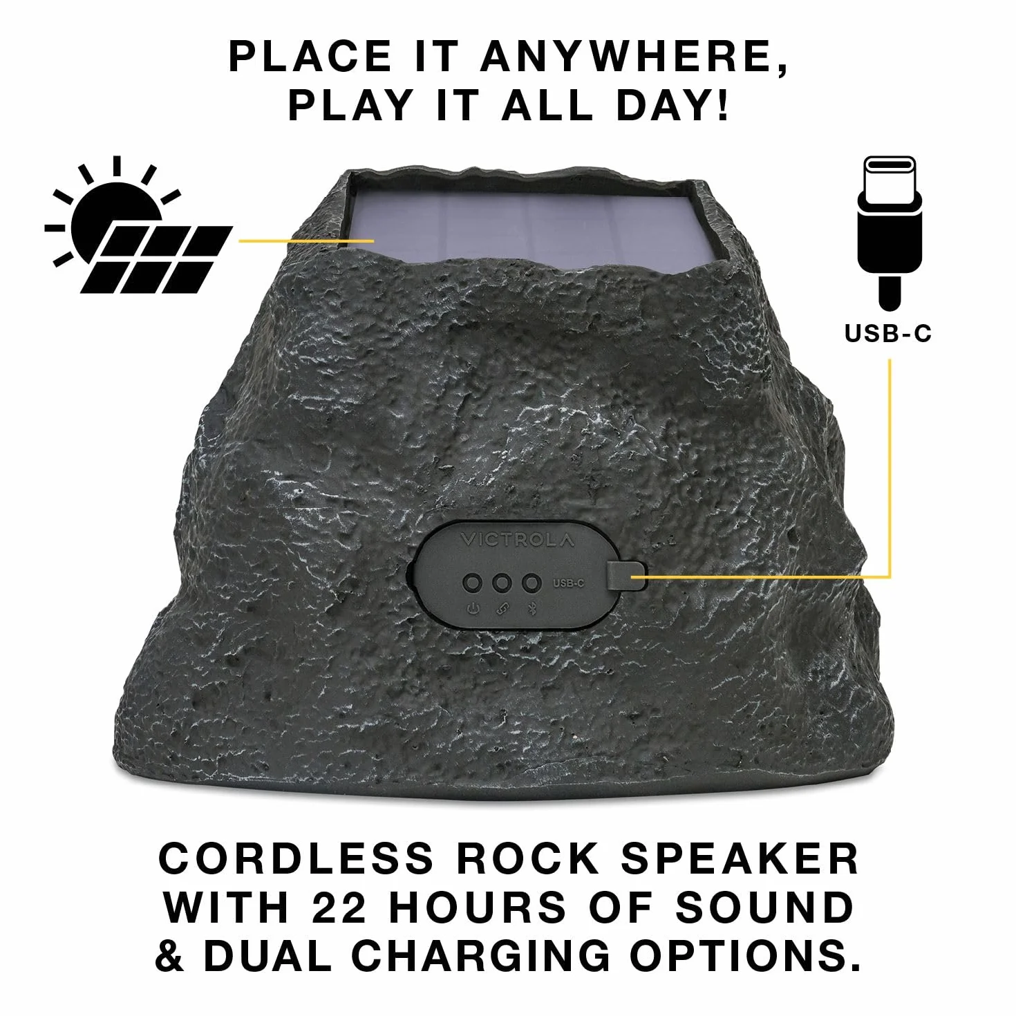 Victrola Rock Speaker Connect – bezprzewodowy głośnik zewnętrzny Bluetooth 5.3, 22 h pracy, ładowanie słoneczne, łączenie do 20 głośników, odporność IP65 (Kamień)