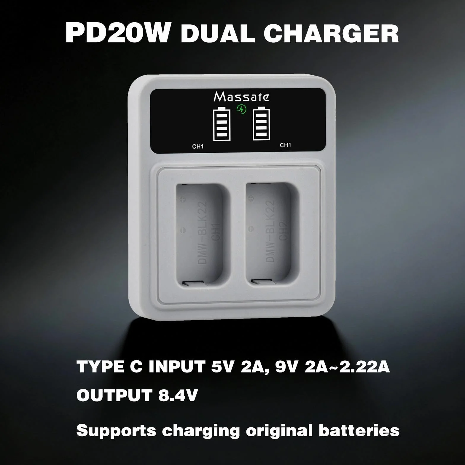 Zestaw 2 baterii DMW-BLK22 2600 mAh + szybka ładowarka LED PD20W – pełne ładowanie w ciągu 2,5 godziny, akumulator do kamer Panasonic Lumix GH5, GH5 II, GH6, GH7, S5, S5 II, S5 IIX, S9, G9 II