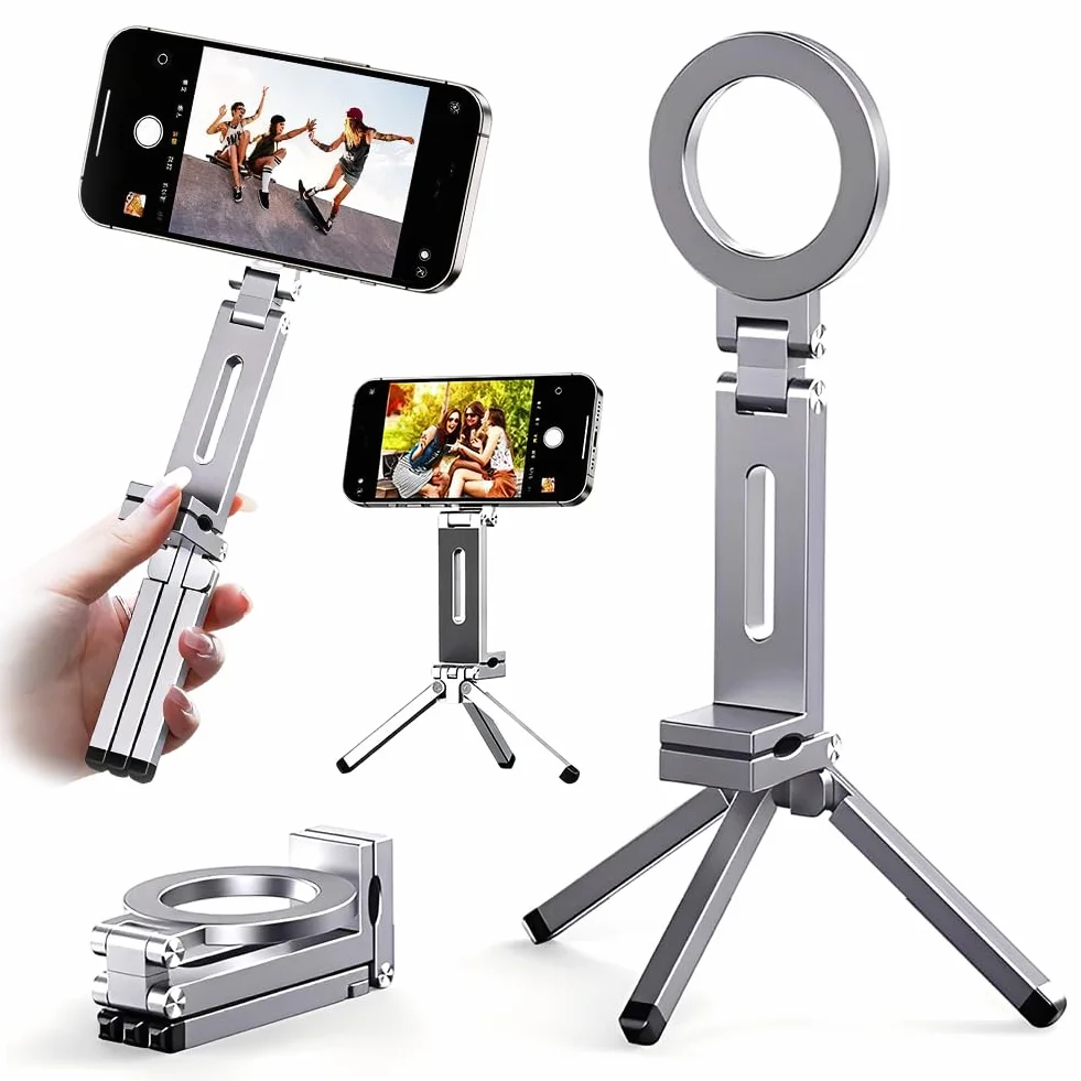 Magnetyczny statyw do telefonu komórkowego 3 w 1, mini kijek do selfie, aluminiowy, składany tripod, statyw do selfie, kompatybilny z iPhone 16, 15, 14, 13, 12, Magsafe, Sumsung, czarny (srebrny)