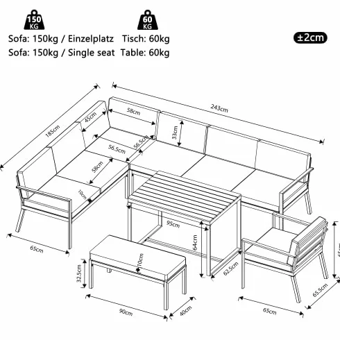 vutizal 8-osobowa modułowa sofa w kształcie litery L z 10 cm tapicerką, zestaw mebli ogrodowych na zewnątrz, meble tarasowe i balkonowe, ławka narożna, ręcznie tkana wiklina i stół WPC, płasko