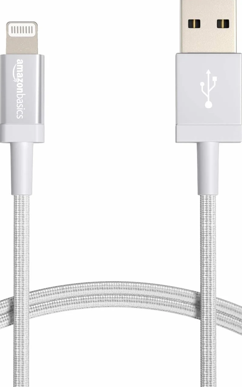 Amazon Basics Kabel połączeniowy Lightning na USB-A, nylonowy, certyfikowany przez MFi kabel do ładowania do iPhone'a, srebrny, 1,8 m